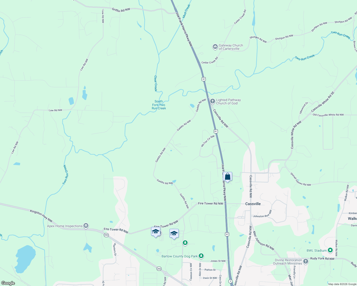 map of restaurants, bars, coffee shops, grocery stores, and more near 40 Acorn Hill in Cartersville
