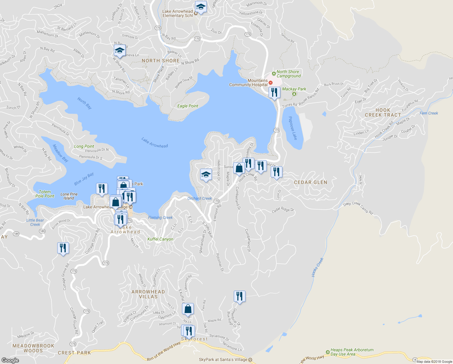 map of restaurants, bars, coffee shops, grocery stores, and more near 230 Maple Drive in Lake Arrowhead