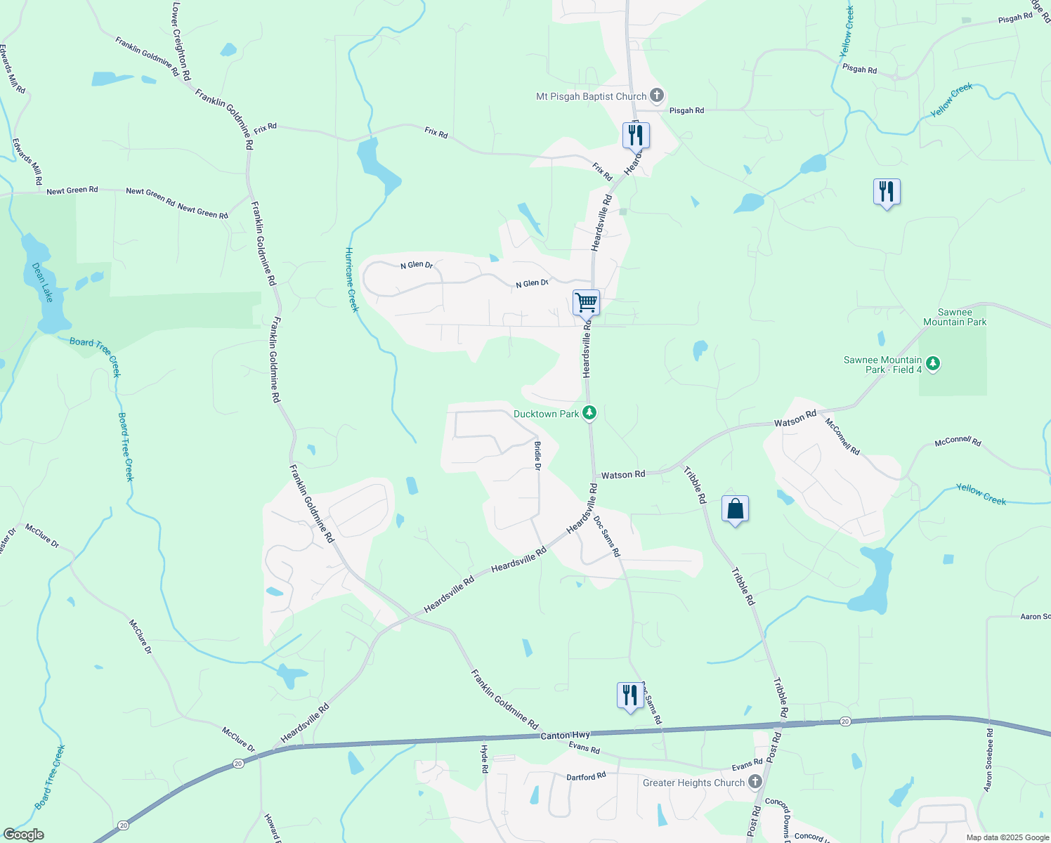 map of restaurants, bars, coffee shops, grocery stores, and more near 5930 Bridle Drive in Cumming
