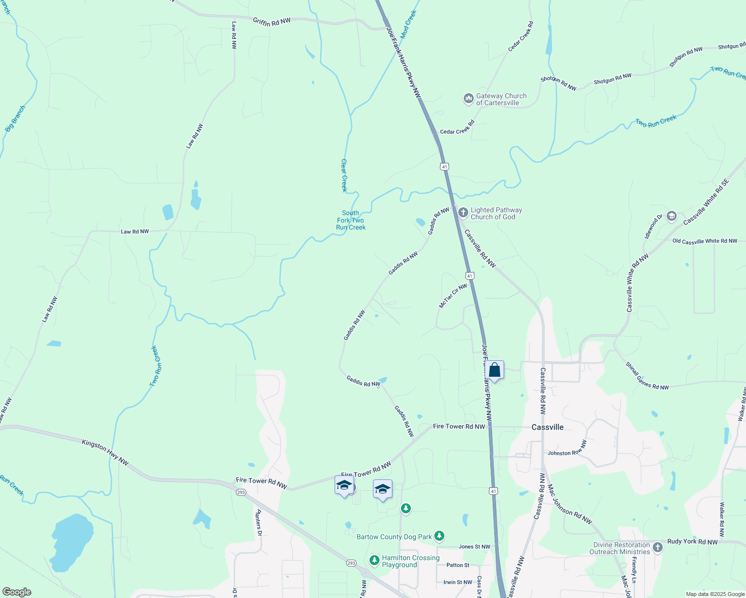 map of restaurants, bars, coffee shops, grocery stores, and more near 65 Gaddis Road Northwest in Cartersville