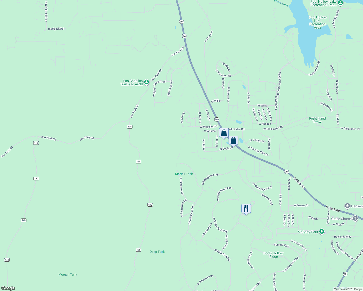 map of restaurants, bars, coffee shops, grocery stores, and more near 520 North Silverleaf Lane in Show Low