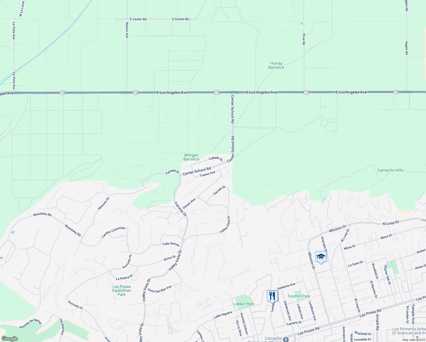 map of restaurants, bars, coffee shops, grocery stores, and more near 1021 Trueno Avenue in Camarillo