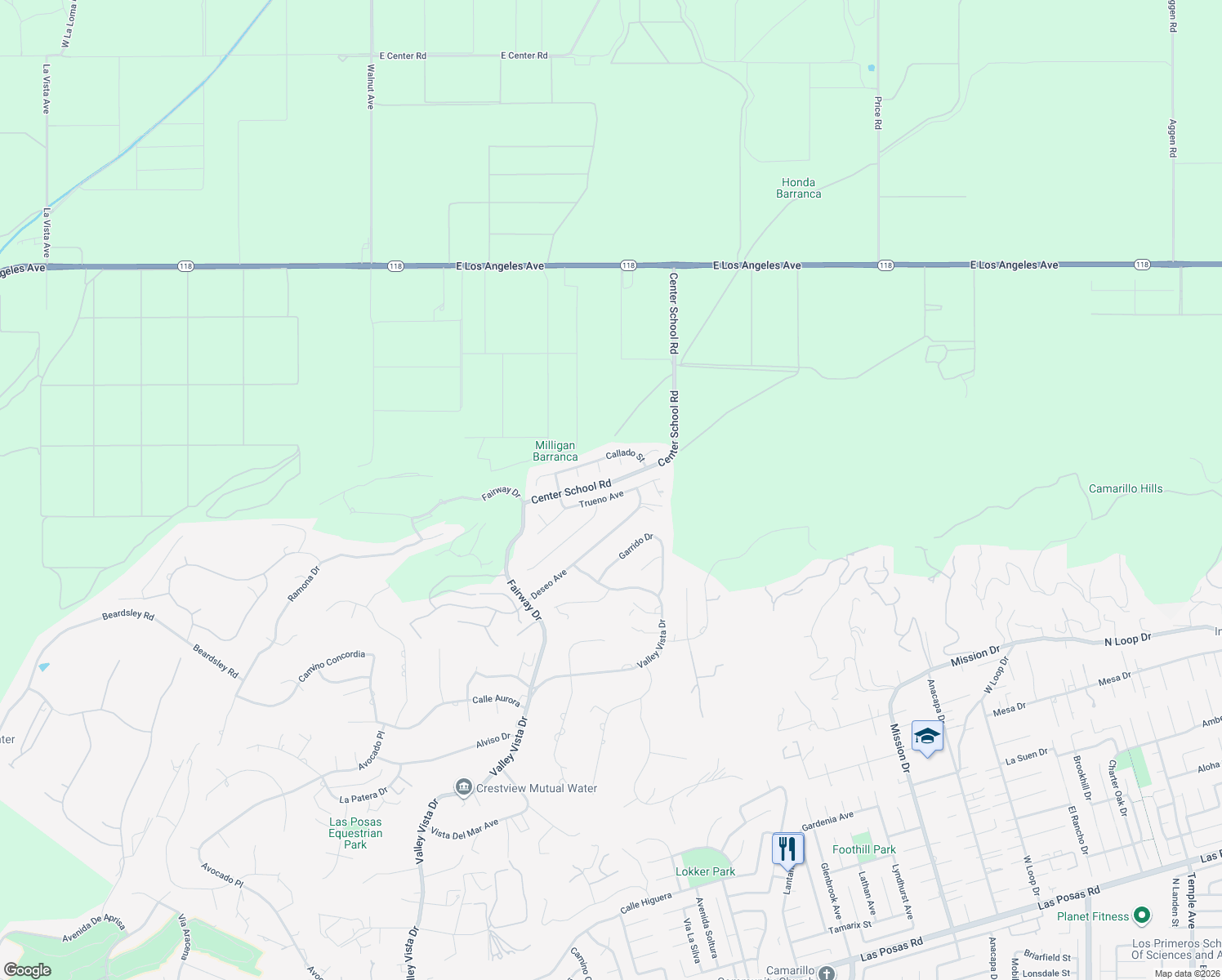 map of restaurants, bars, coffee shops, grocery stores, and more near 985 Trueno Avenue in Camarillo
