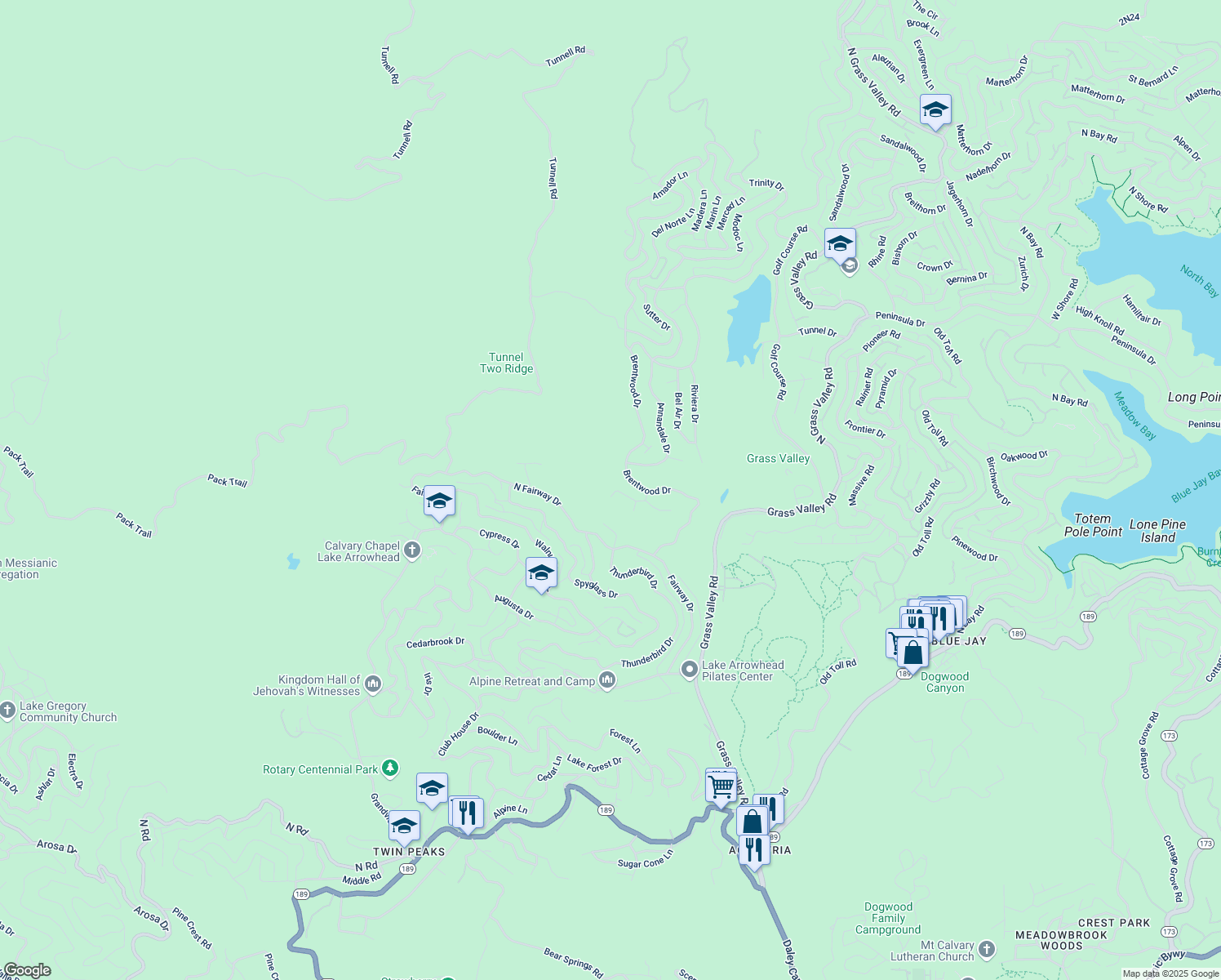 map of restaurants, bars, coffee shops, grocery stores, and more near 26466 Hillcrest Lane in Lake Arrowhead