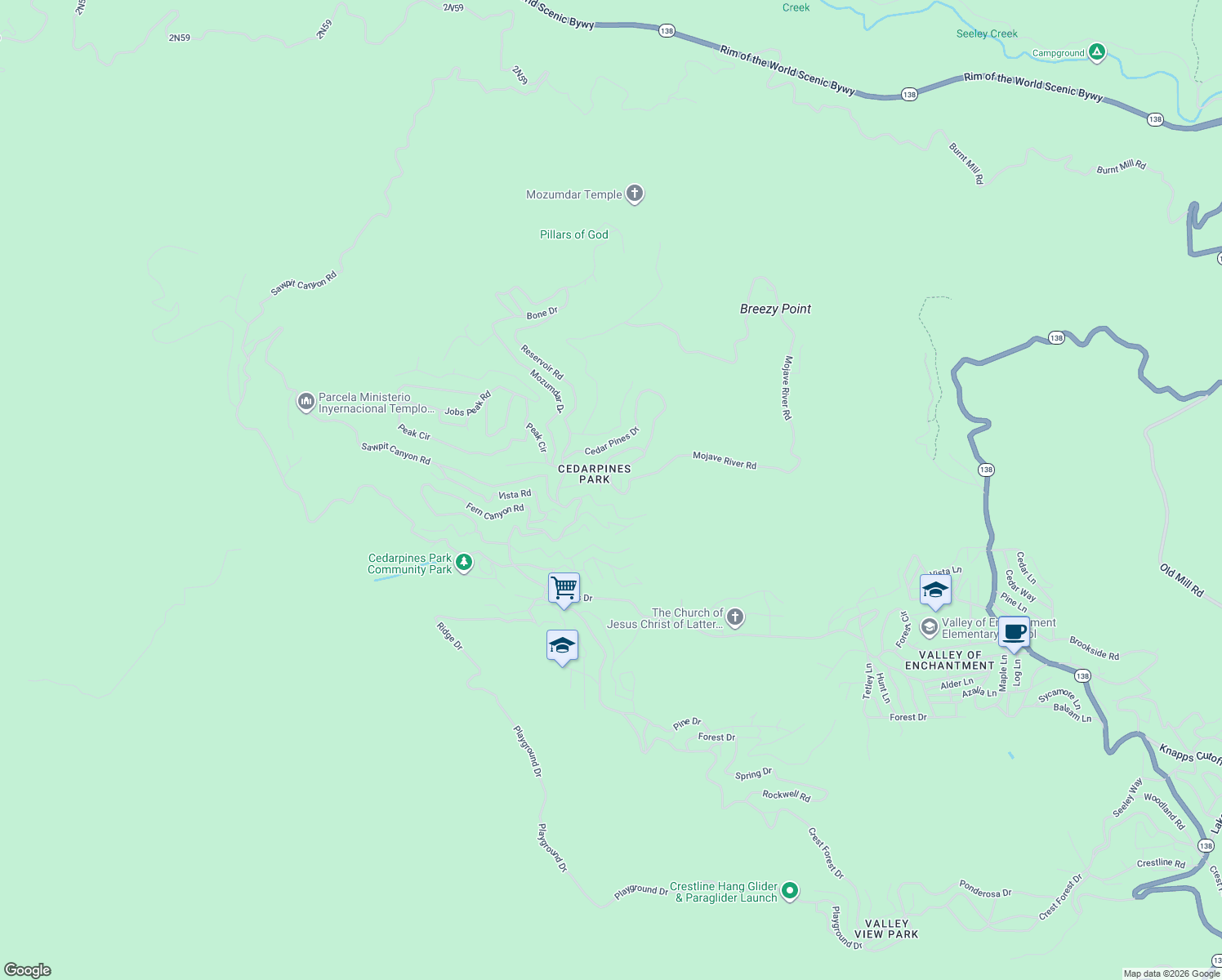 map of restaurants, bars, coffee shops, grocery stores, and more near 22025 Mojave River Road in Crestline