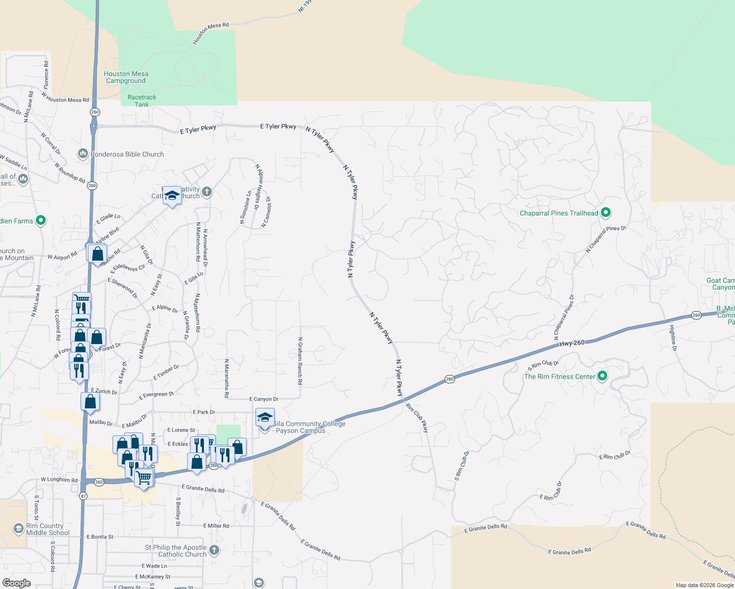 map of restaurants, bars, coffee shops, grocery stores, and more near Tyler Parkway in Payson