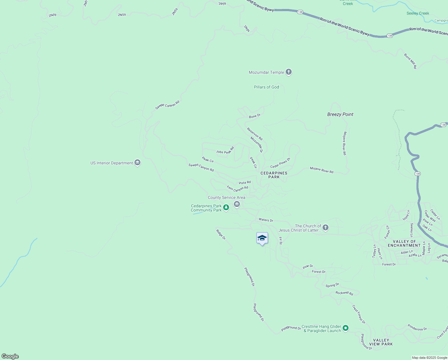 map of restaurants, bars, coffee shops, grocery stores, and more near 21657 Vista Road in Crestline