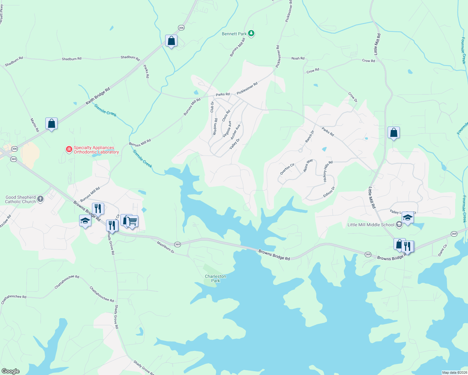 map of restaurants, bars, coffee shops, grocery stores, and more near 6225 Leeward Tide Ct in Cumming