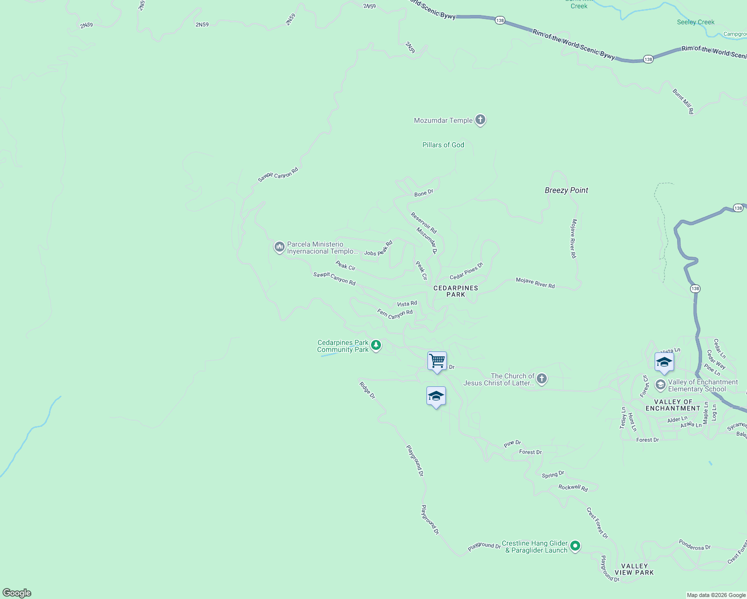 map of restaurants, bars, coffee shops, grocery stores, and more near 21657 Vista Road in Crestline