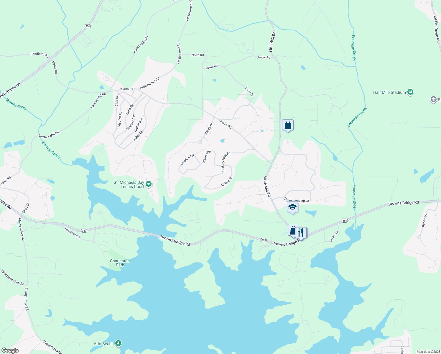 map of restaurants, bars, coffee shops, grocery stores, and more near 6275 Hickory Hills Road in Cumming