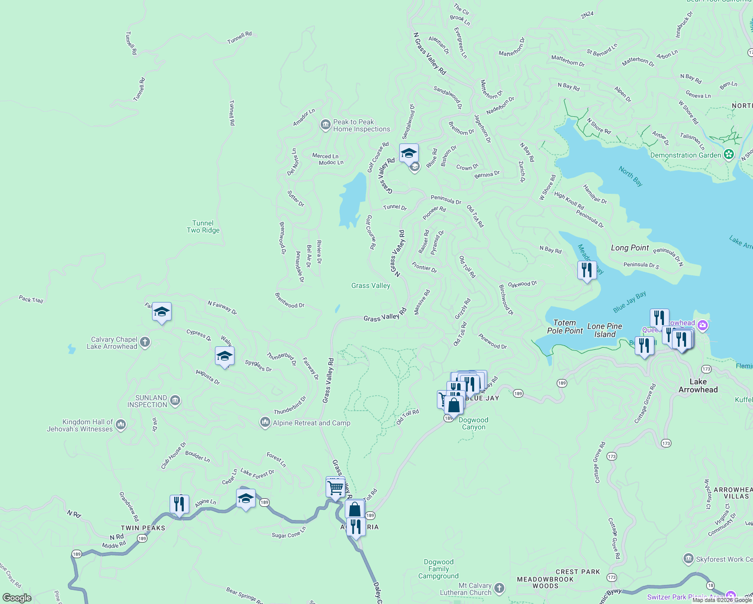 map of restaurants, bars, coffee shops, grocery stores, and more near 175 Grass Valley Road in Lake Arrowhead