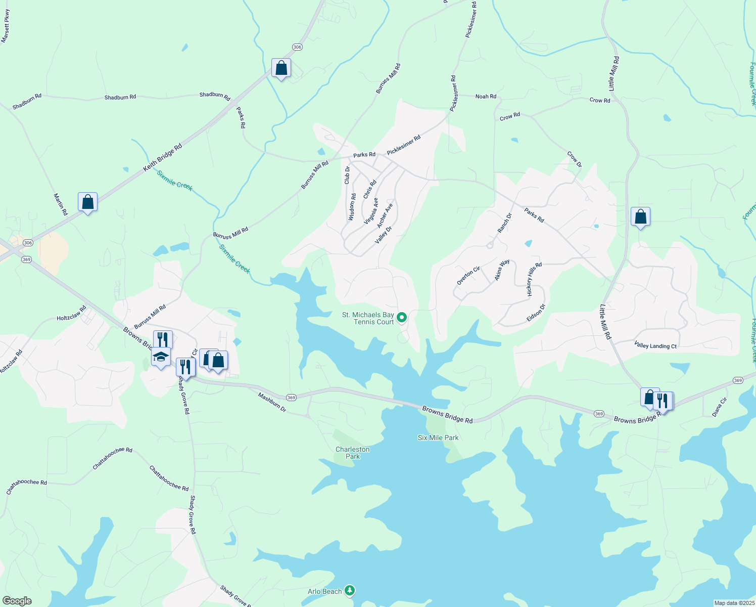 map of restaurants, bars, coffee shops, grocery stores, and more near 6225 Leeward Tide Ct in Cumming