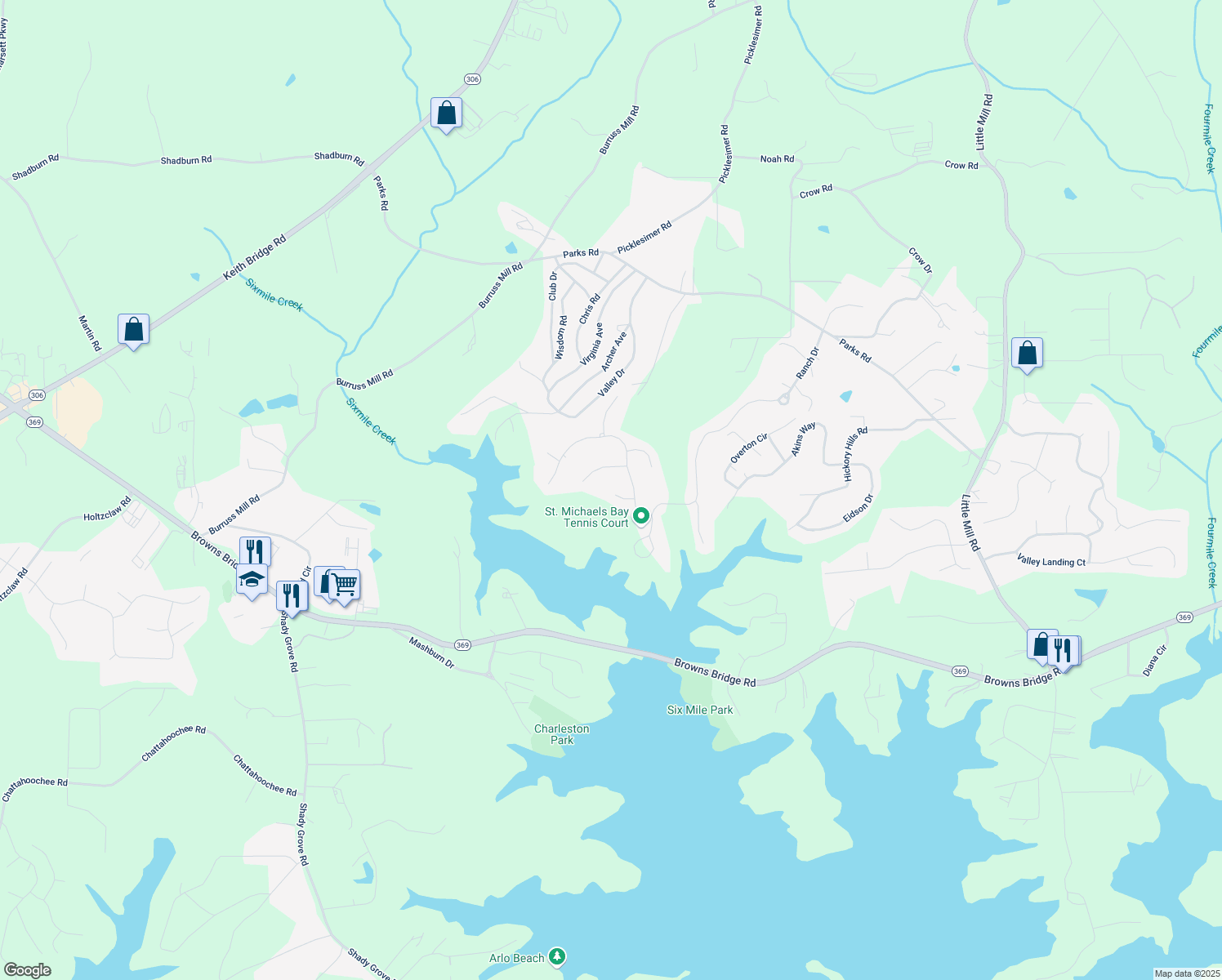 map of restaurants, bars, coffee shops, grocery stores, and more near 6225 Leeward Tide Ct in Cumming
