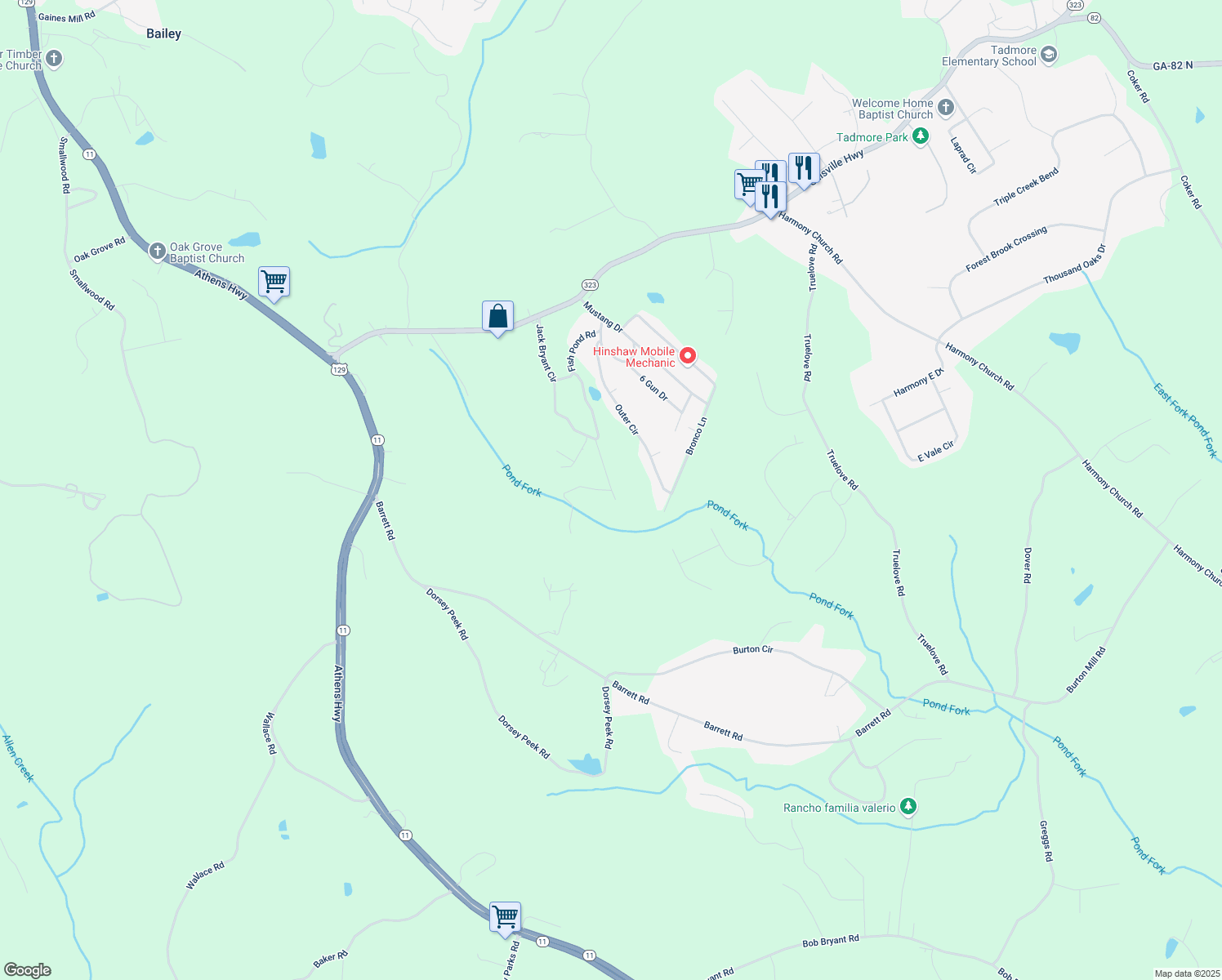 map of restaurants, bars, coffee shops, grocery stores, and more near 2953 John Bryant Lane in Gainesville