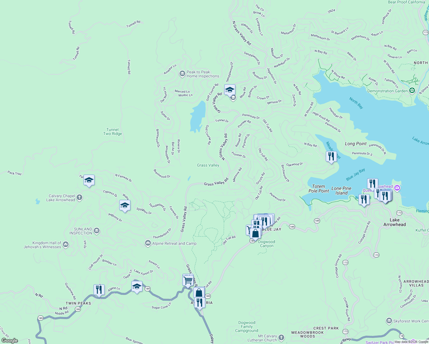 map of restaurants, bars, coffee shops, grocery stores, and more near 175 Grass Valley Road in Lake Arrowhead