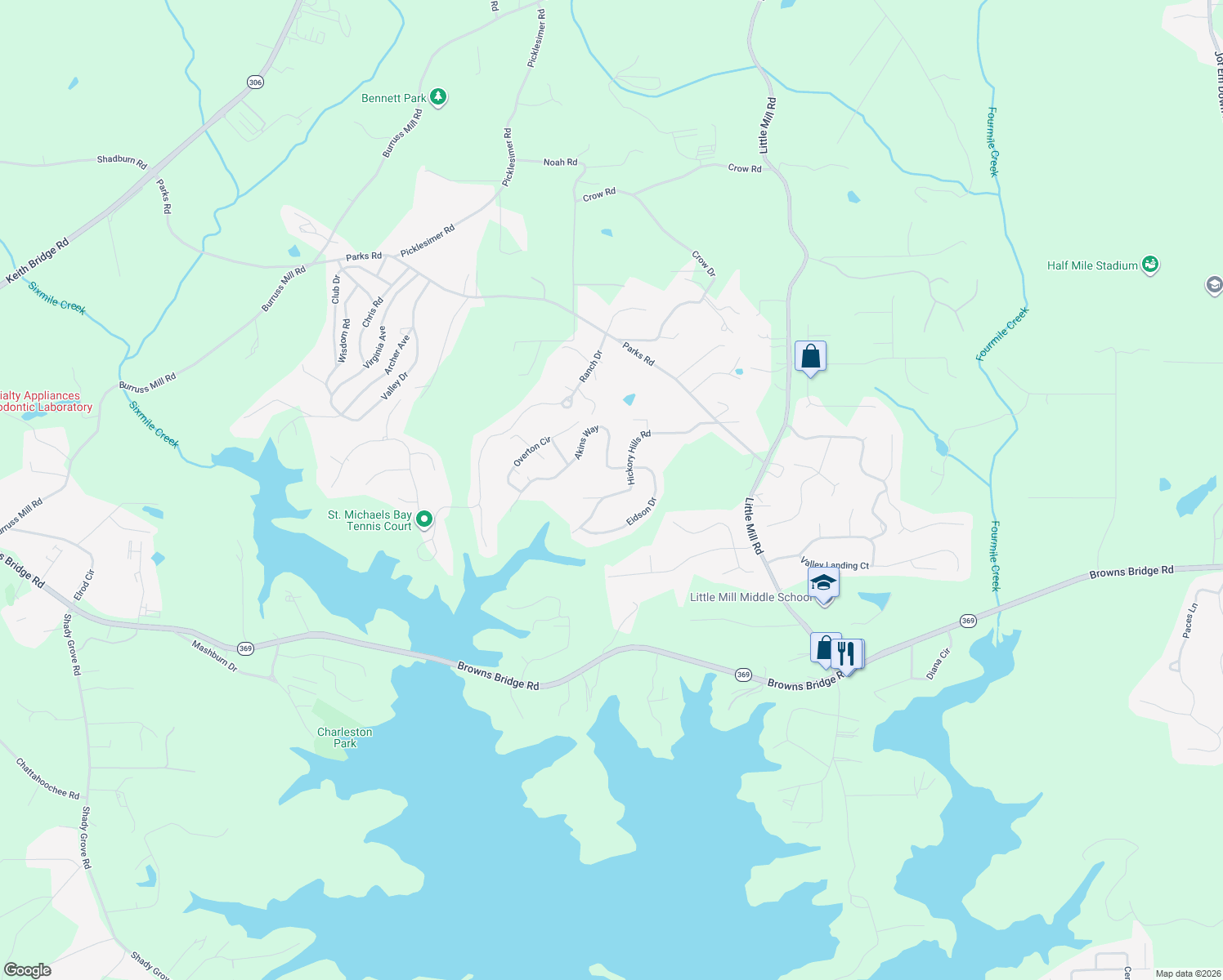 map of restaurants, bars, coffee shops, grocery stores, and more near 6275 Hickory Hills Road in Cumming
