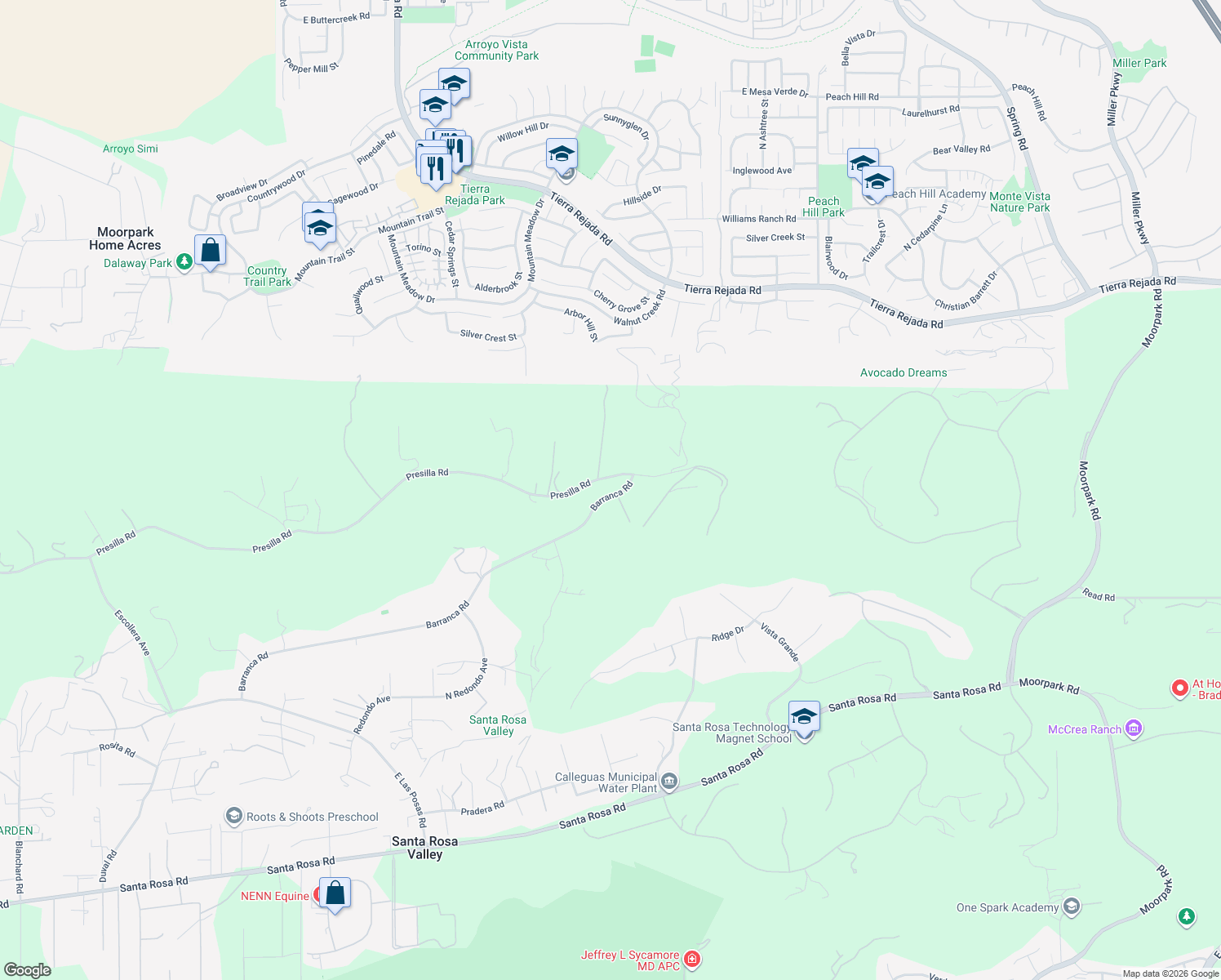map of restaurants, bars, coffee shops, grocery stores, and more near 12286 Barranca Road in Camarillo