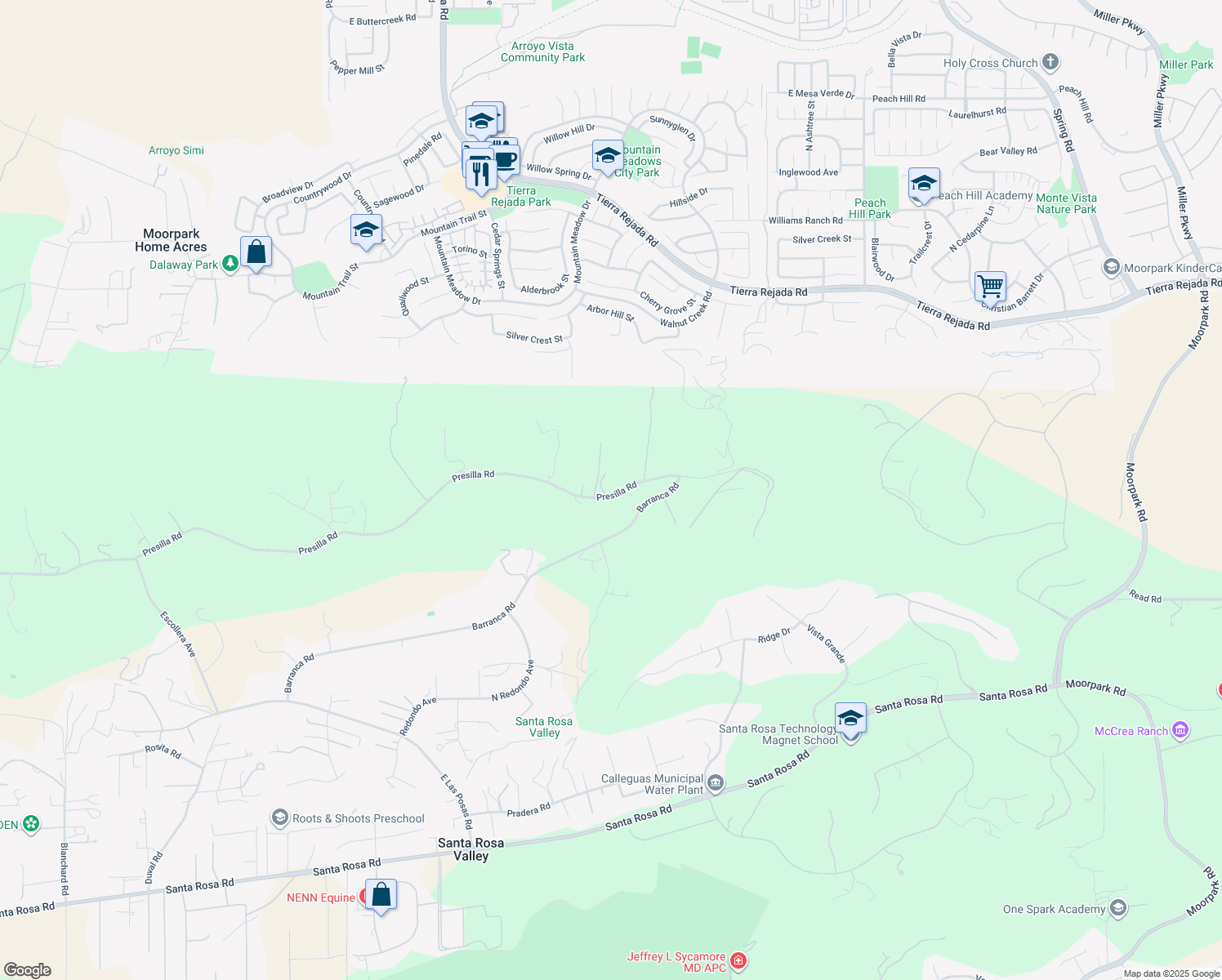 map of restaurants, bars, coffee shops, grocery stores, and more near 12127 Presilla Road in Camarillo