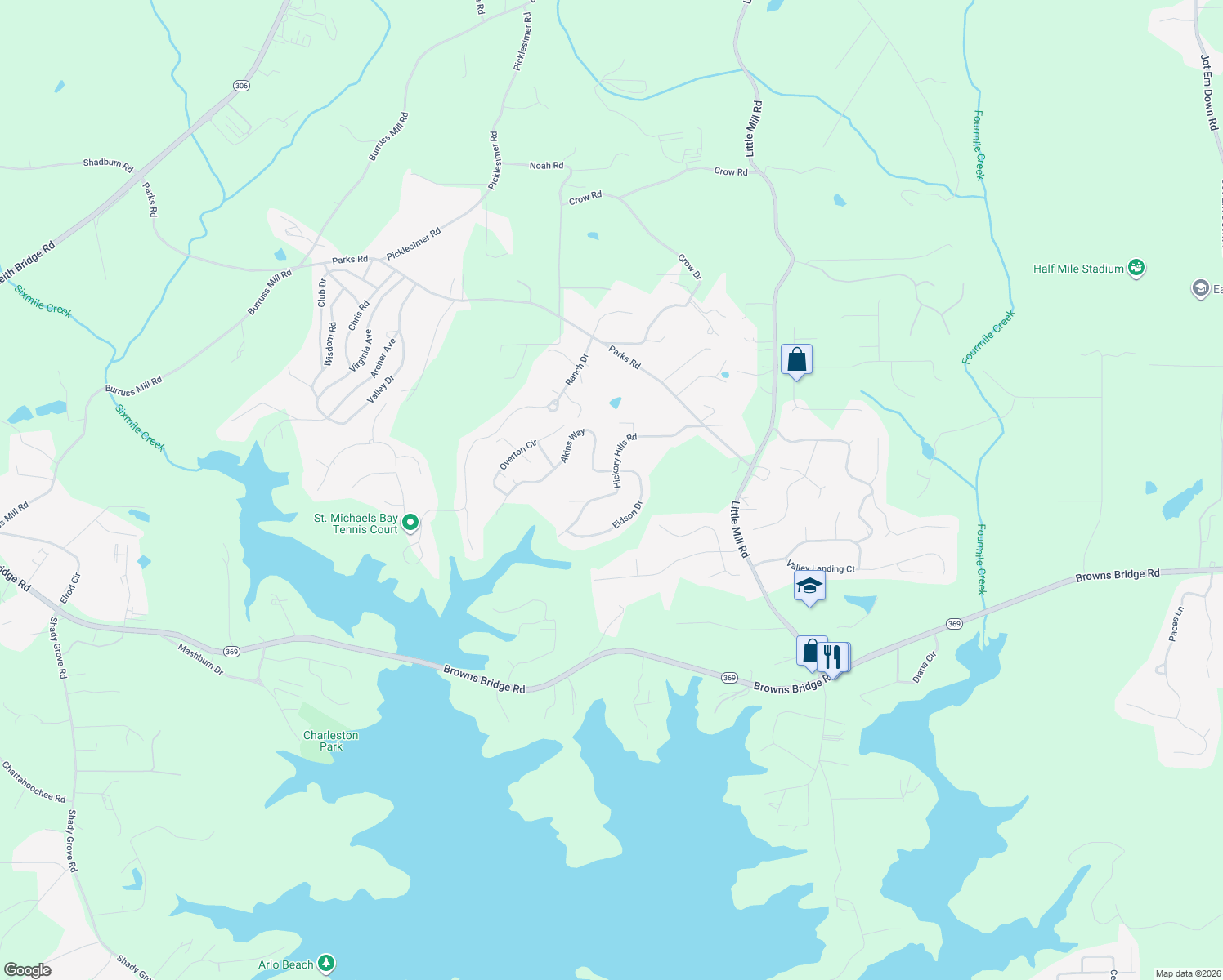 map of restaurants, bars, coffee shops, grocery stores, and more near 6275 Hickory Hills Road in Cumming