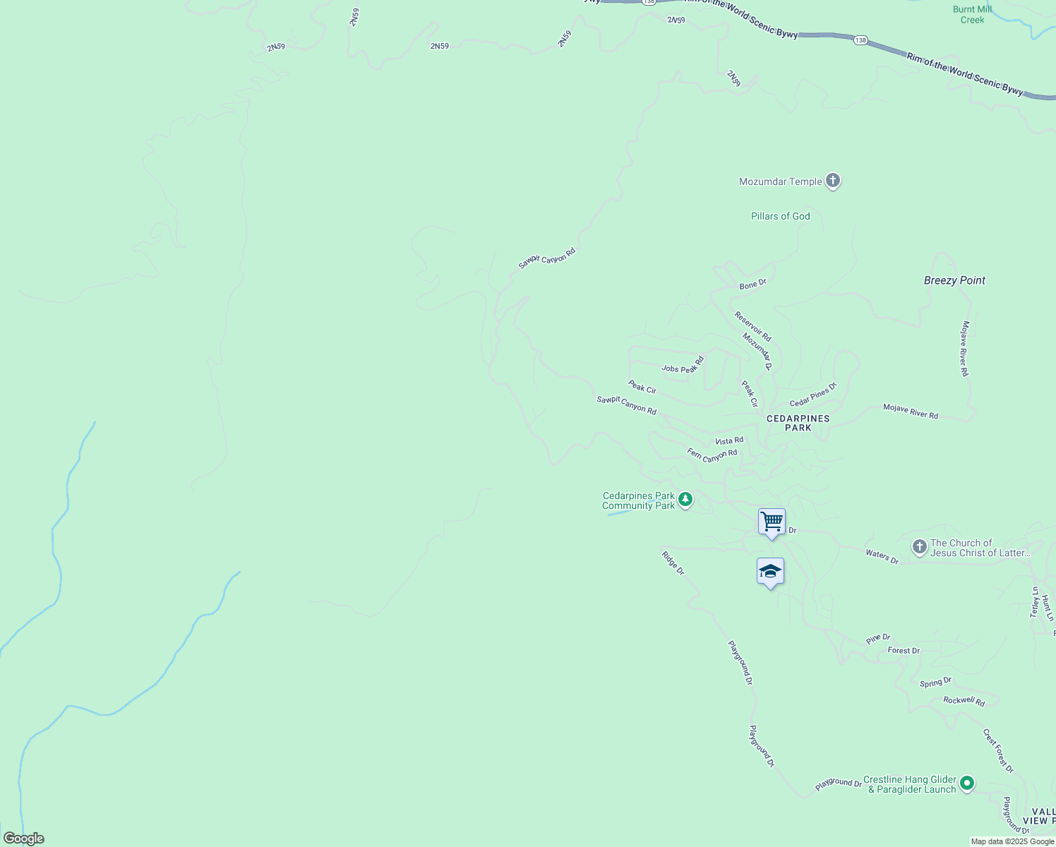 map of restaurants, bars, coffee shops, grocery stores, and more near Sawpit Canyon Trail South in San Bernardino County