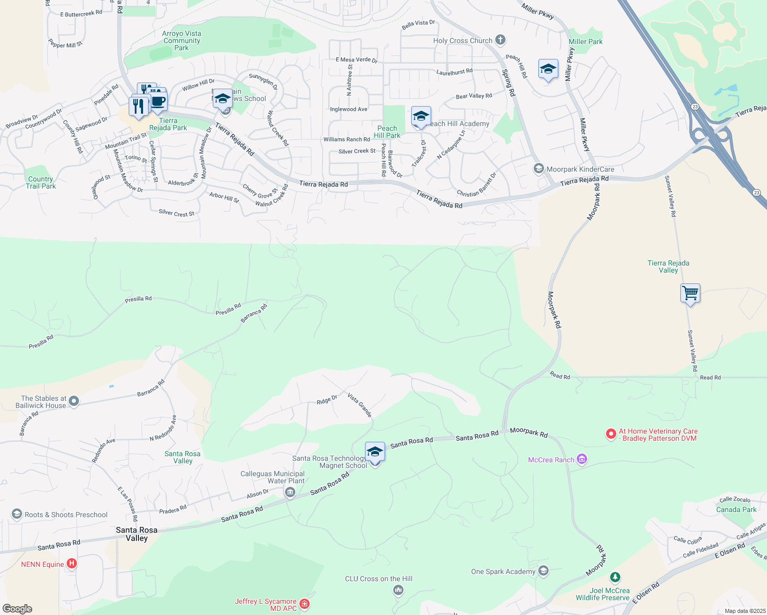map of restaurants, bars, coffee shops, grocery stores, and more near 13306 Nightsky Drive in Santa Rosa Valley