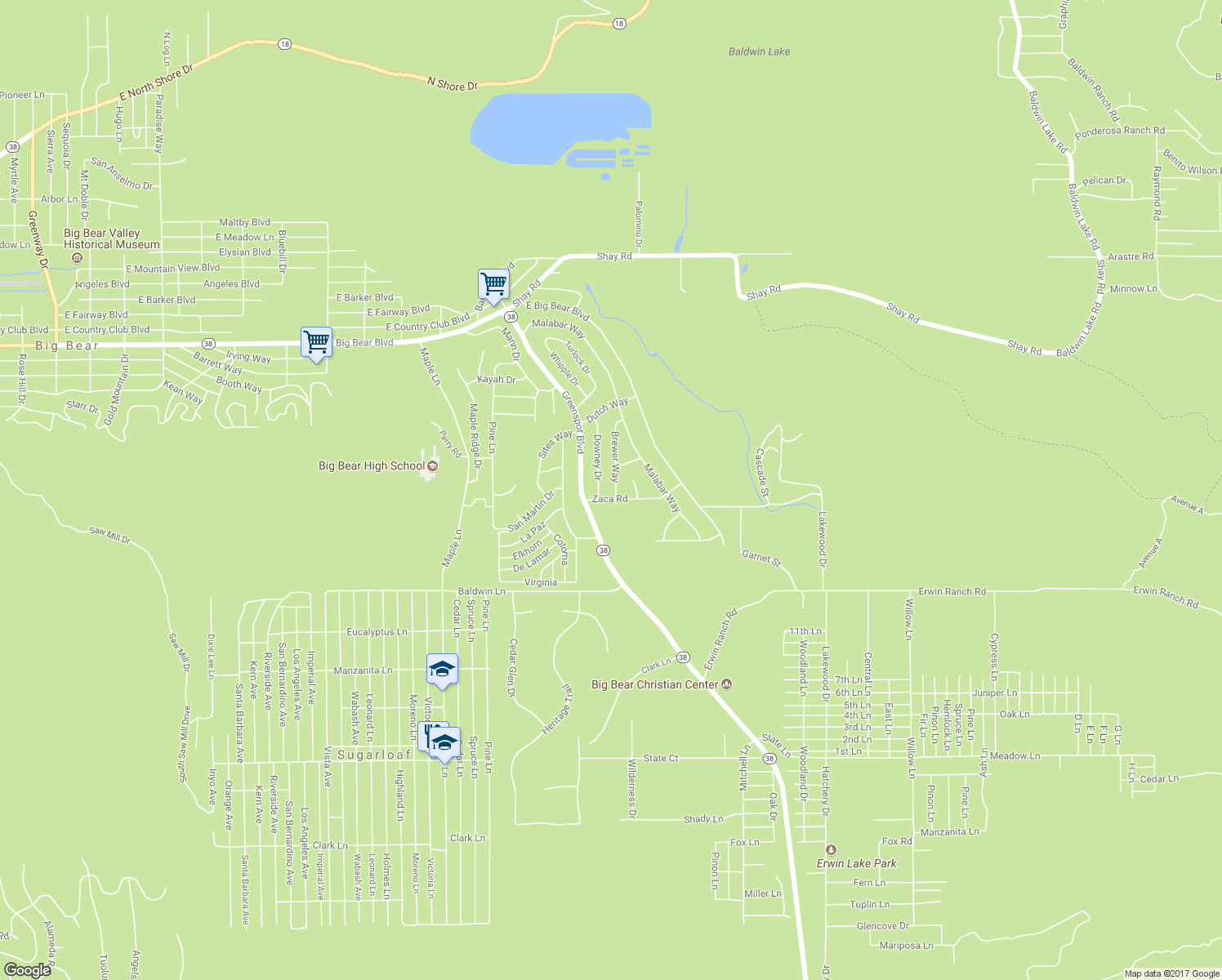 map of restaurants, bars, coffee shops, grocery stores, and more near 377 Brewer Way in Big Bear