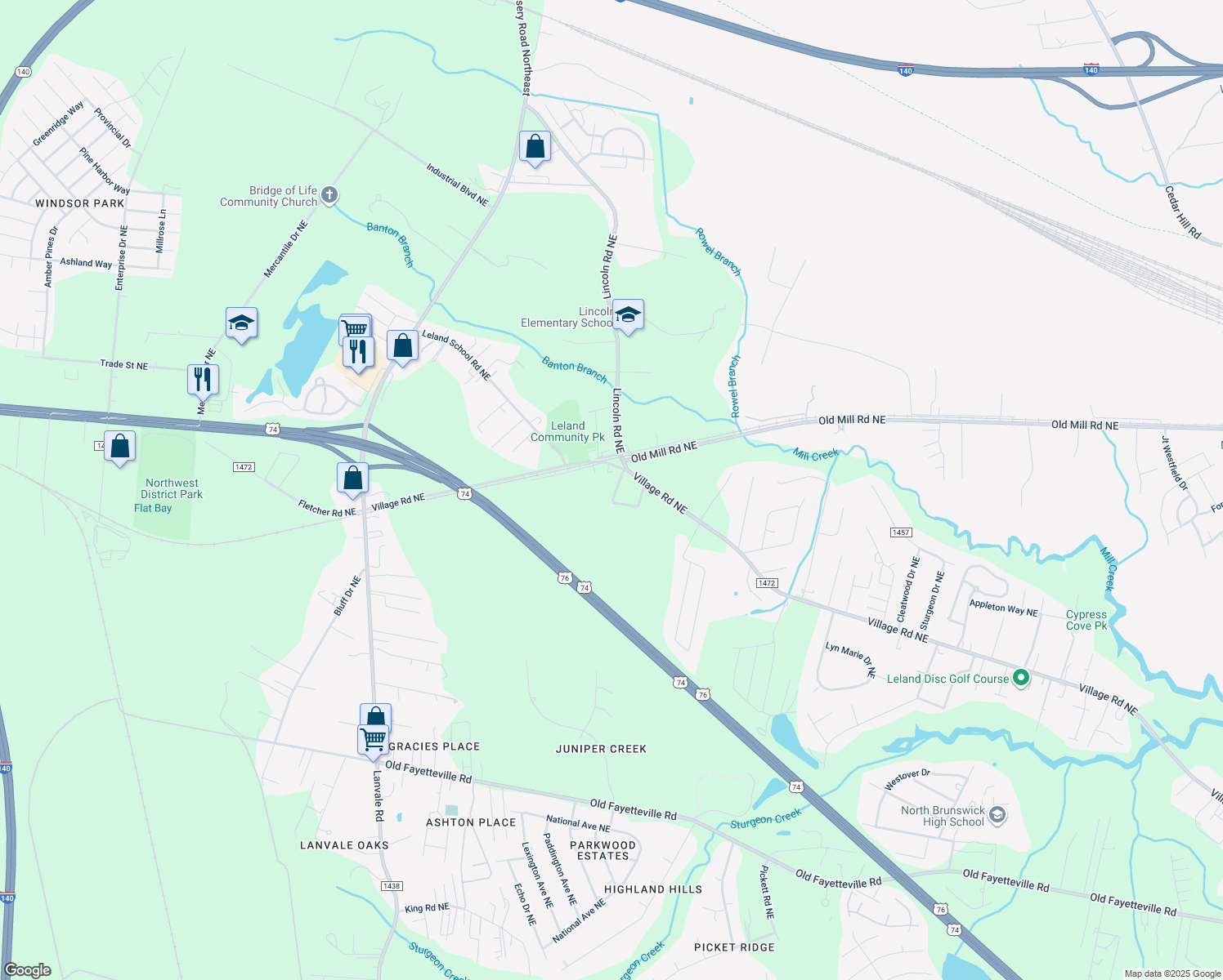 map of restaurants, bars, coffee shops, grocery stores, and more near 187 Lincoln Place Circle in Leland