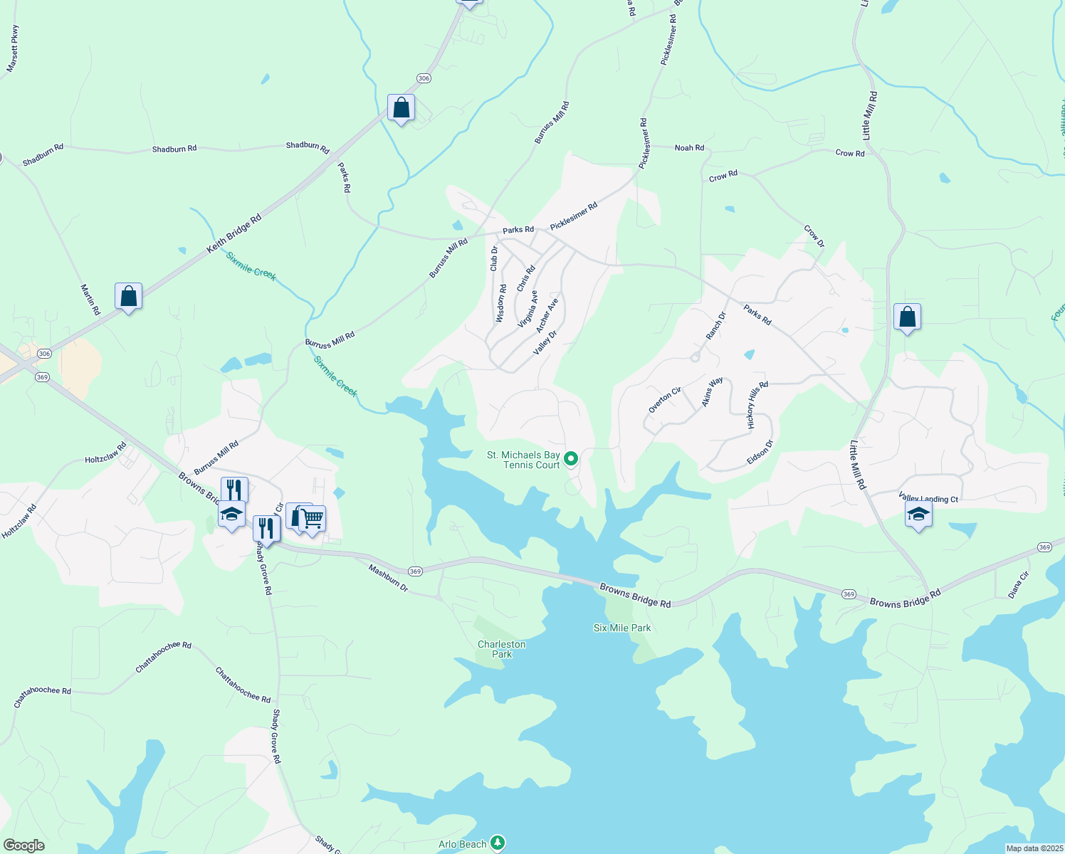 map of restaurants, bars, coffee shops, grocery stores, and more near 6345 Sterling Shores Drive in Cumming