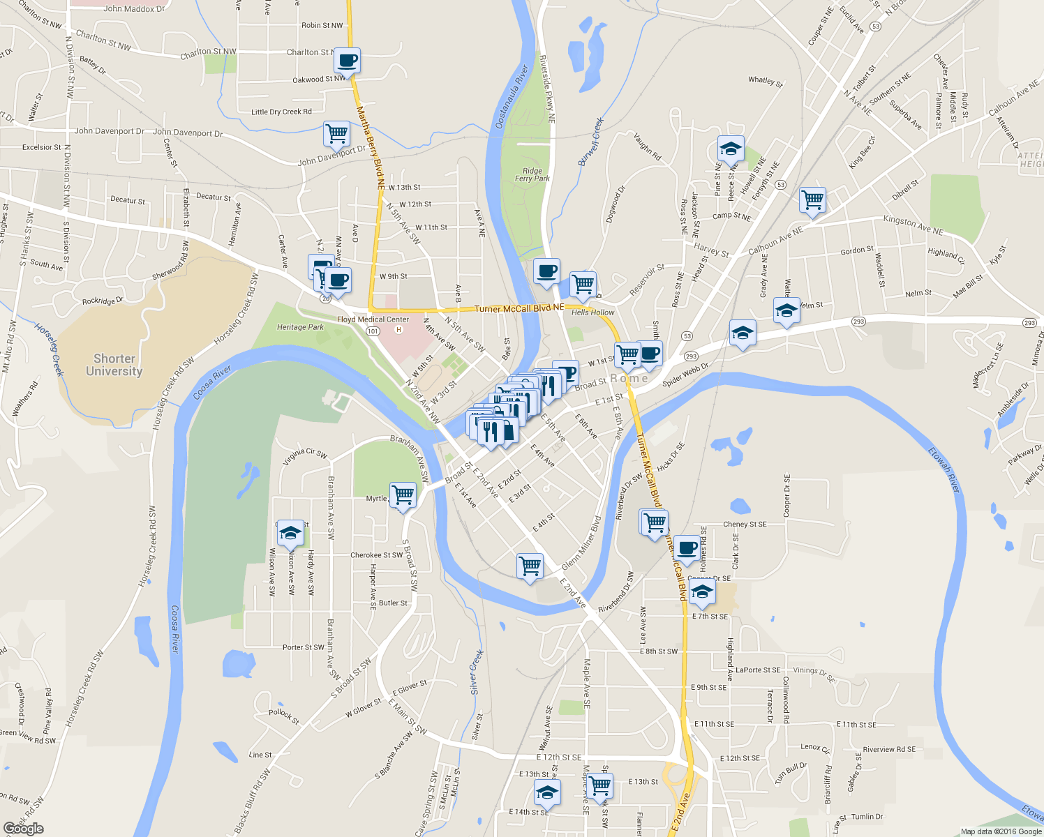 map of restaurants, bars, coffee shops, grocery stores, and more near 407 Broad Street in Rome