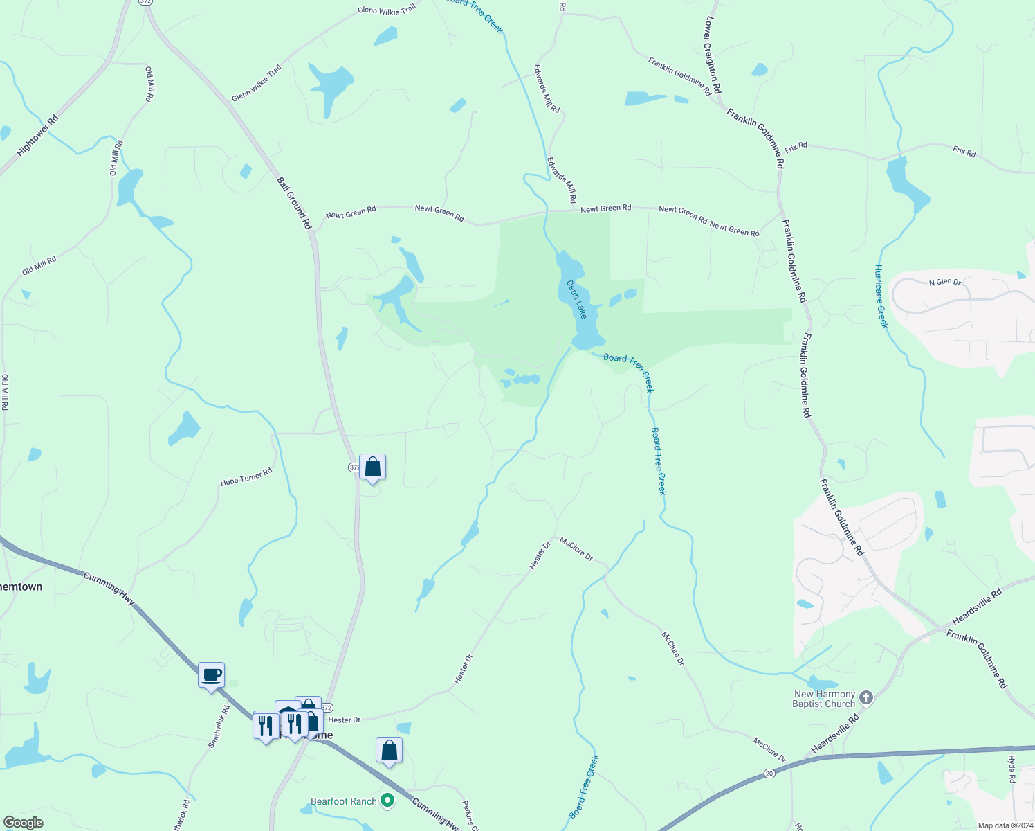 map of restaurants, bars, coffee shops, grocery stores, and more near 811 Hawks Nest Court in Ball Ground