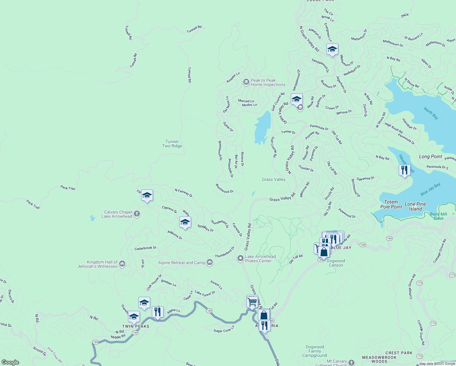 map of restaurants, bars, coffee shops, grocery stores, and more near 331 Annandale Drive in Lake Arrowhead