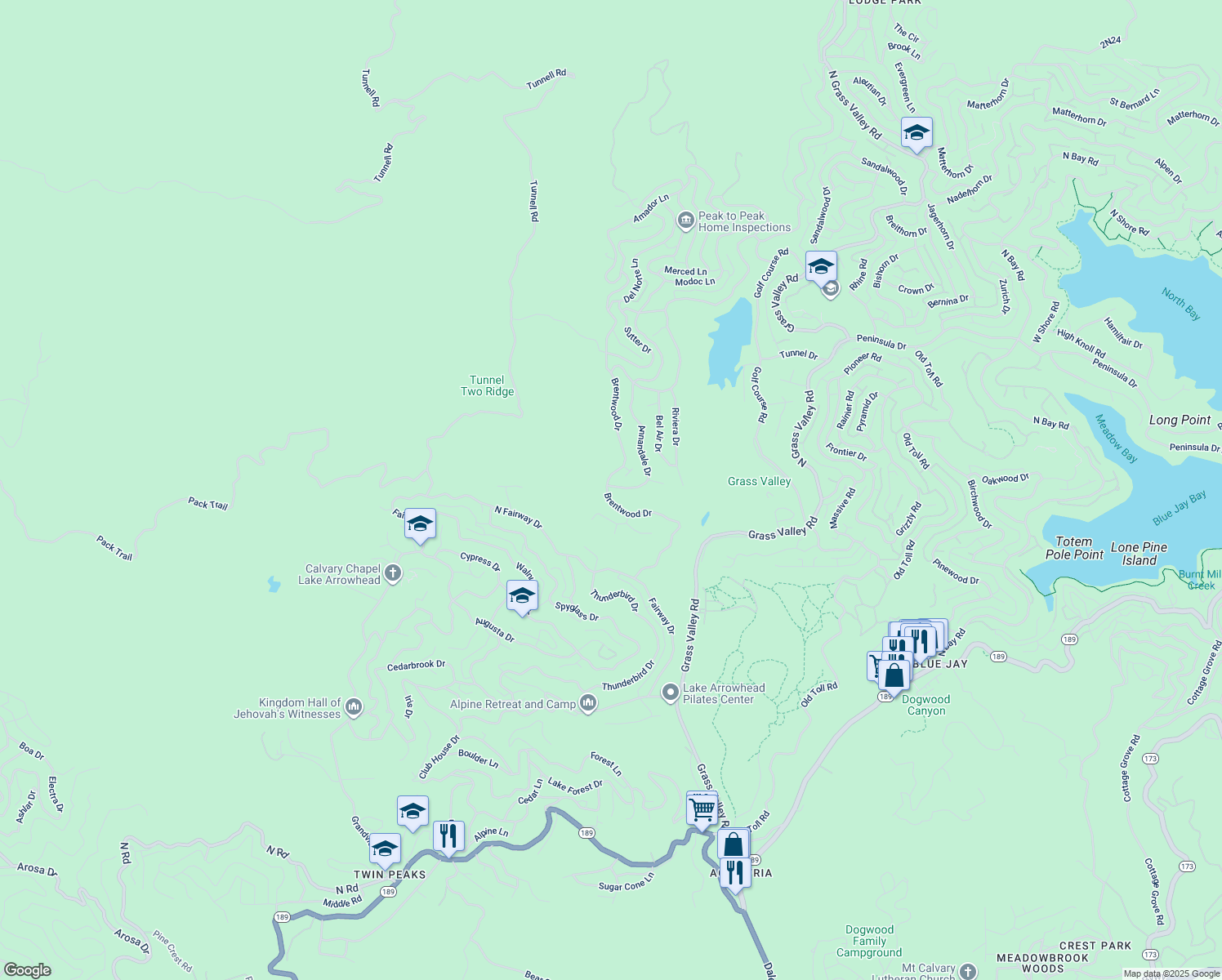 map of restaurants, bars, coffee shops, grocery stores, and more near 301 Annandale Drive in Lake Arrowhead