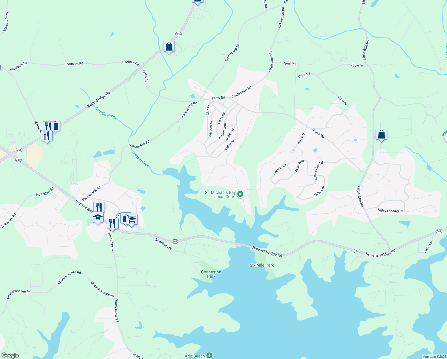 map of restaurants, bars, coffee shops, grocery stores, and more near 6345 Sterling Shores Drive in Cumming
