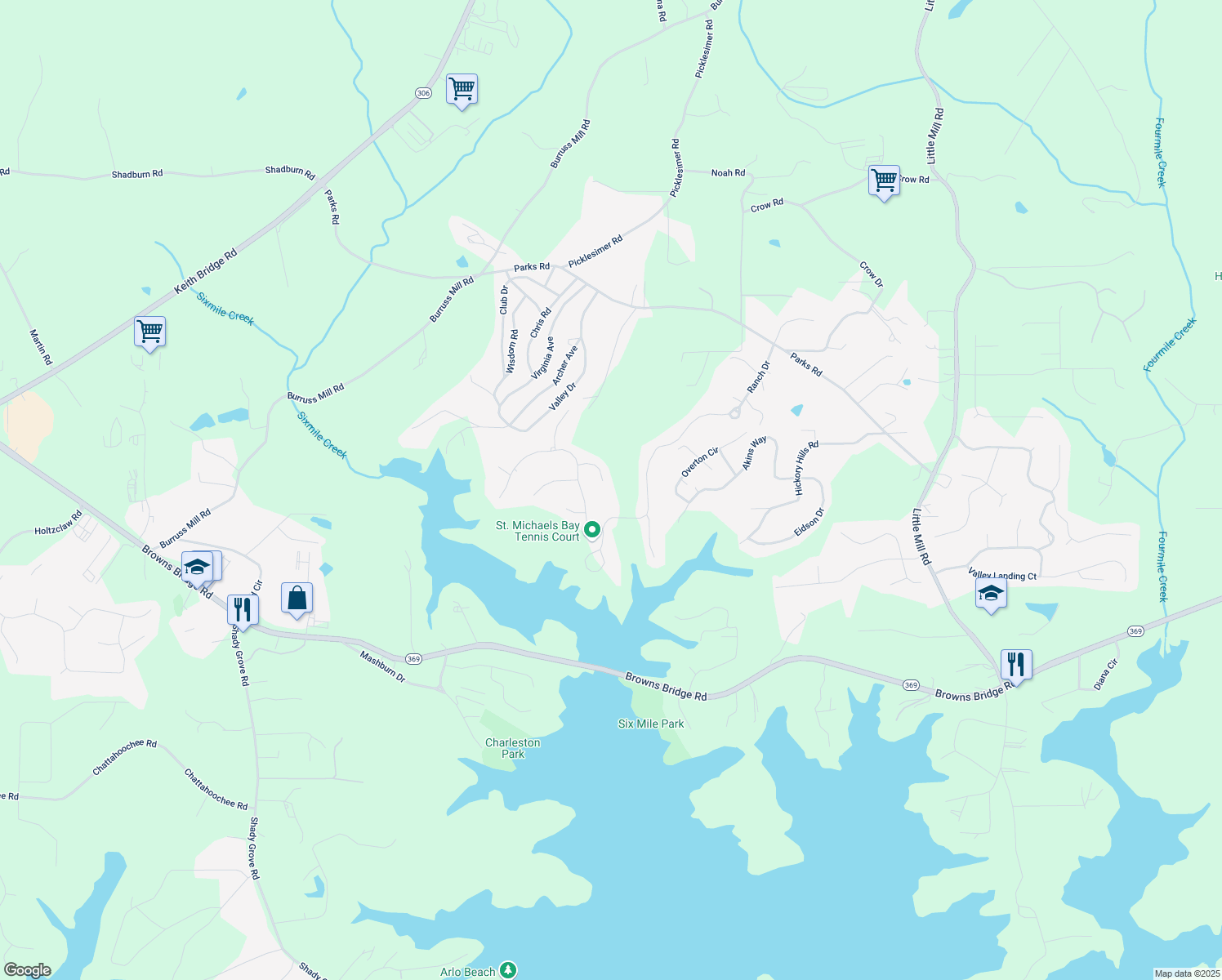 map of restaurants, bars, coffee shops, grocery stores, and more near 5880 Windjammer Point in Cumming