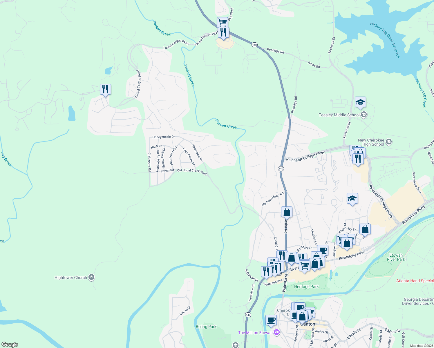 map of restaurants, bars, coffee shops, grocery stores, and more near 1276 Shoal Creek Road in Canton