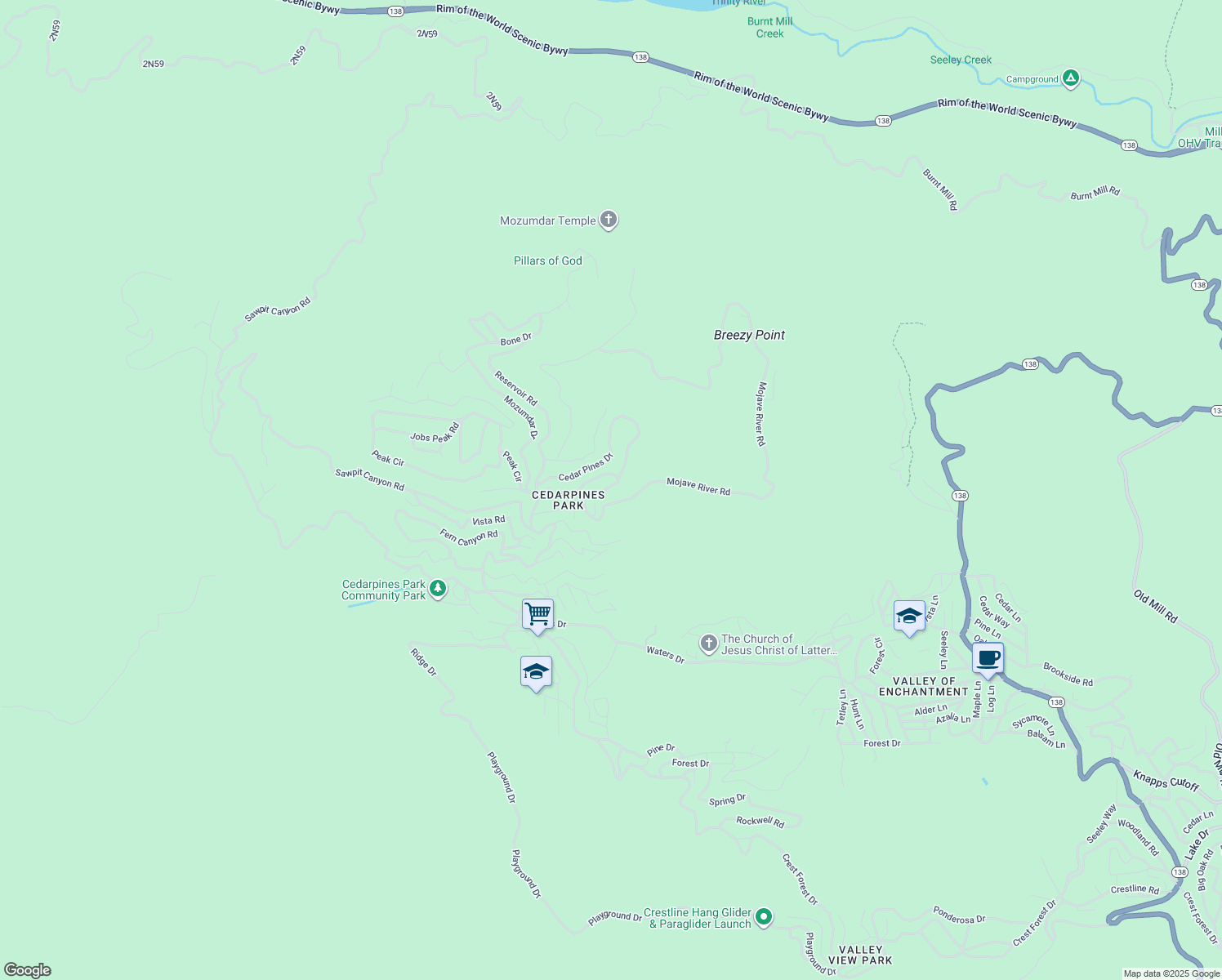 map of restaurants, bars, coffee shops, grocery stores, and more near 22094 Big Oak Road in Crestline