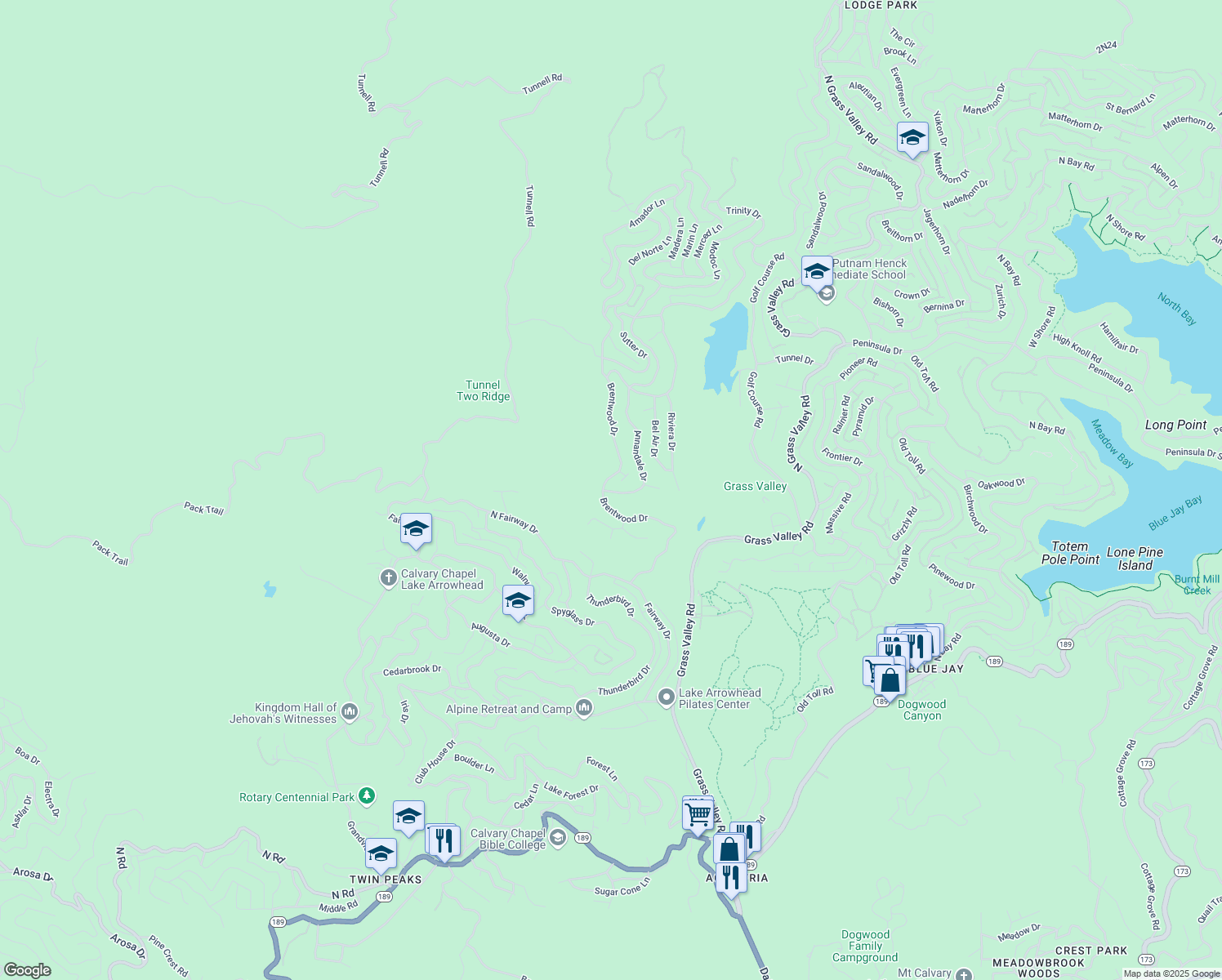 map of restaurants, bars, coffee shops, grocery stores, and more near 301 Annandale Drive in Lake Arrowhead