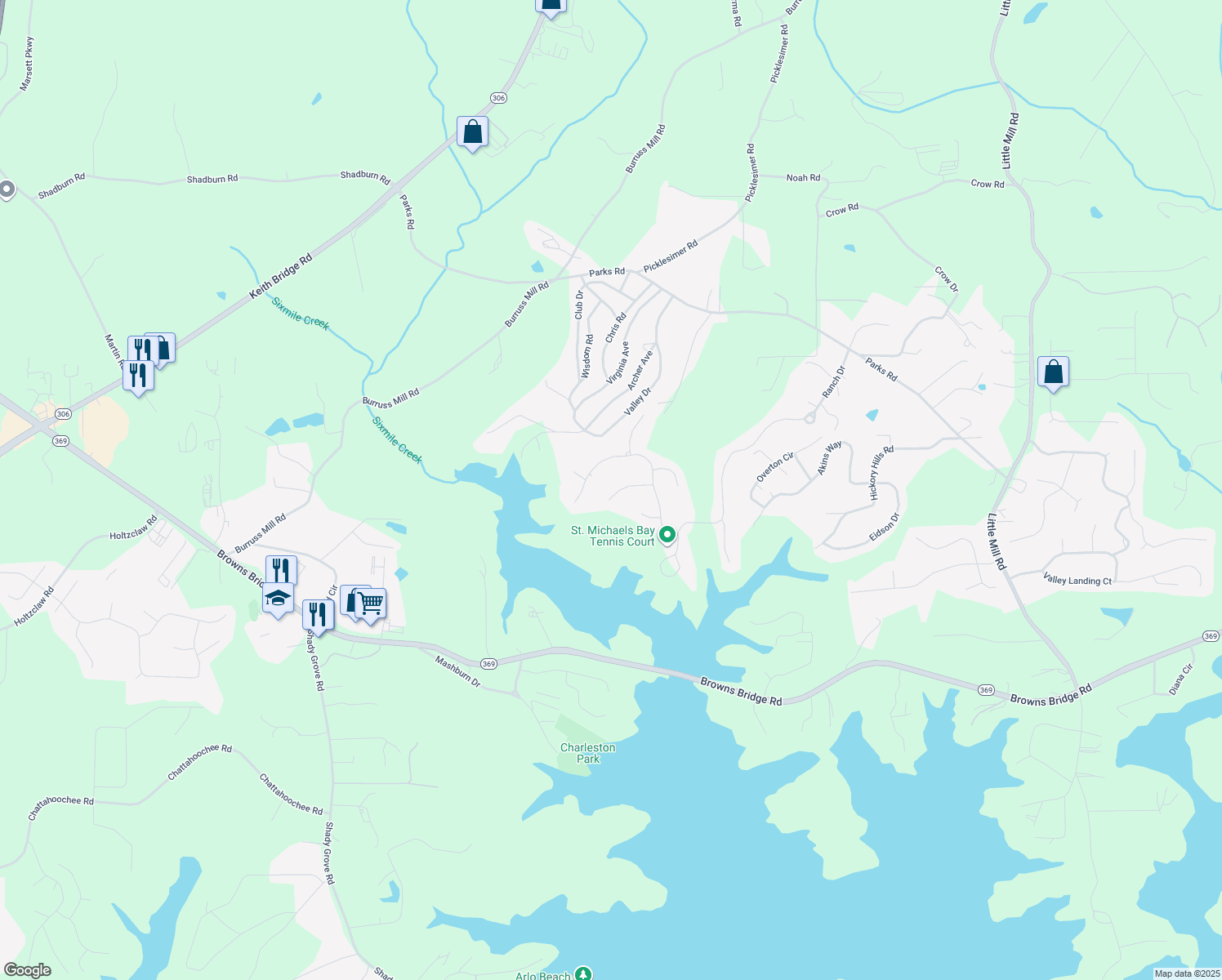 map of restaurants, bars, coffee shops, grocery stores, and more near 6360 Sterling Shores Drive in Cumming