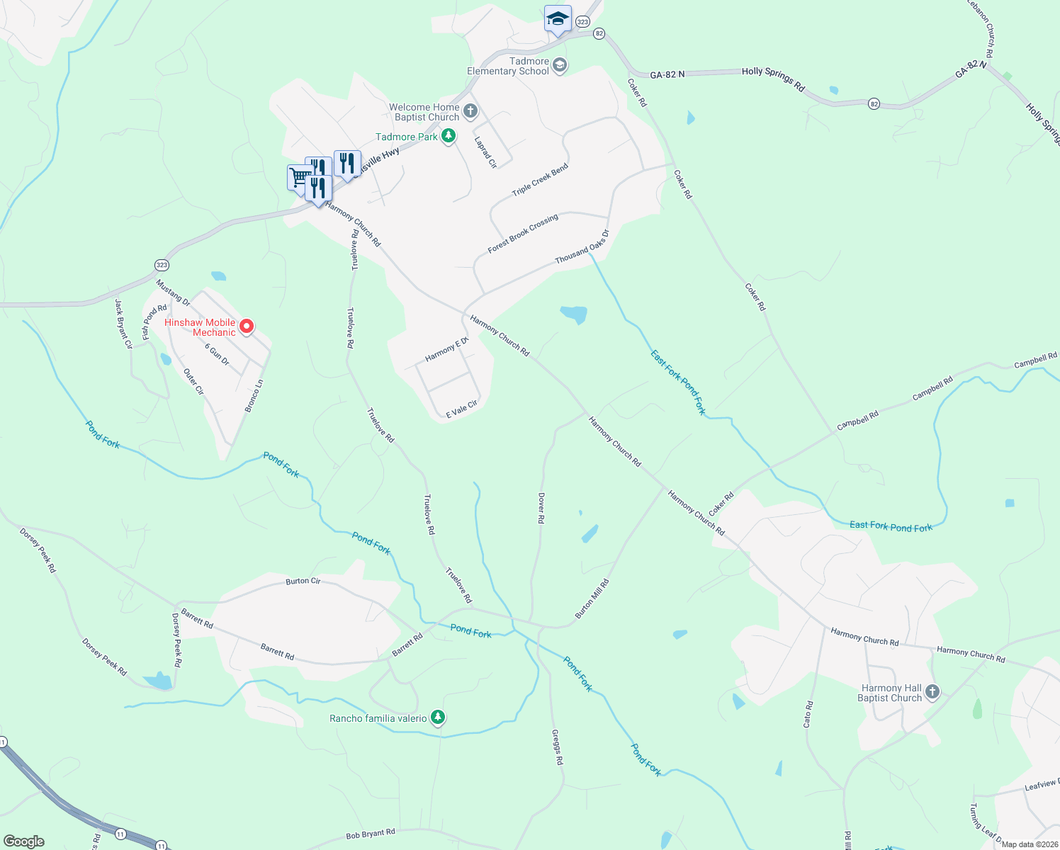 map of restaurants, bars, coffee shops, grocery stores, and more near 3436 Dover Rd in Gainesville