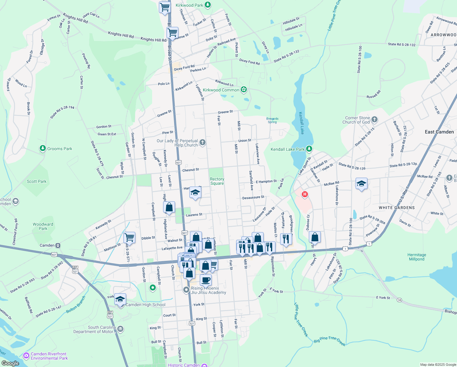 map of restaurants, bars, coffee shops, grocery stores, and more near 1512 Fair St in Camden