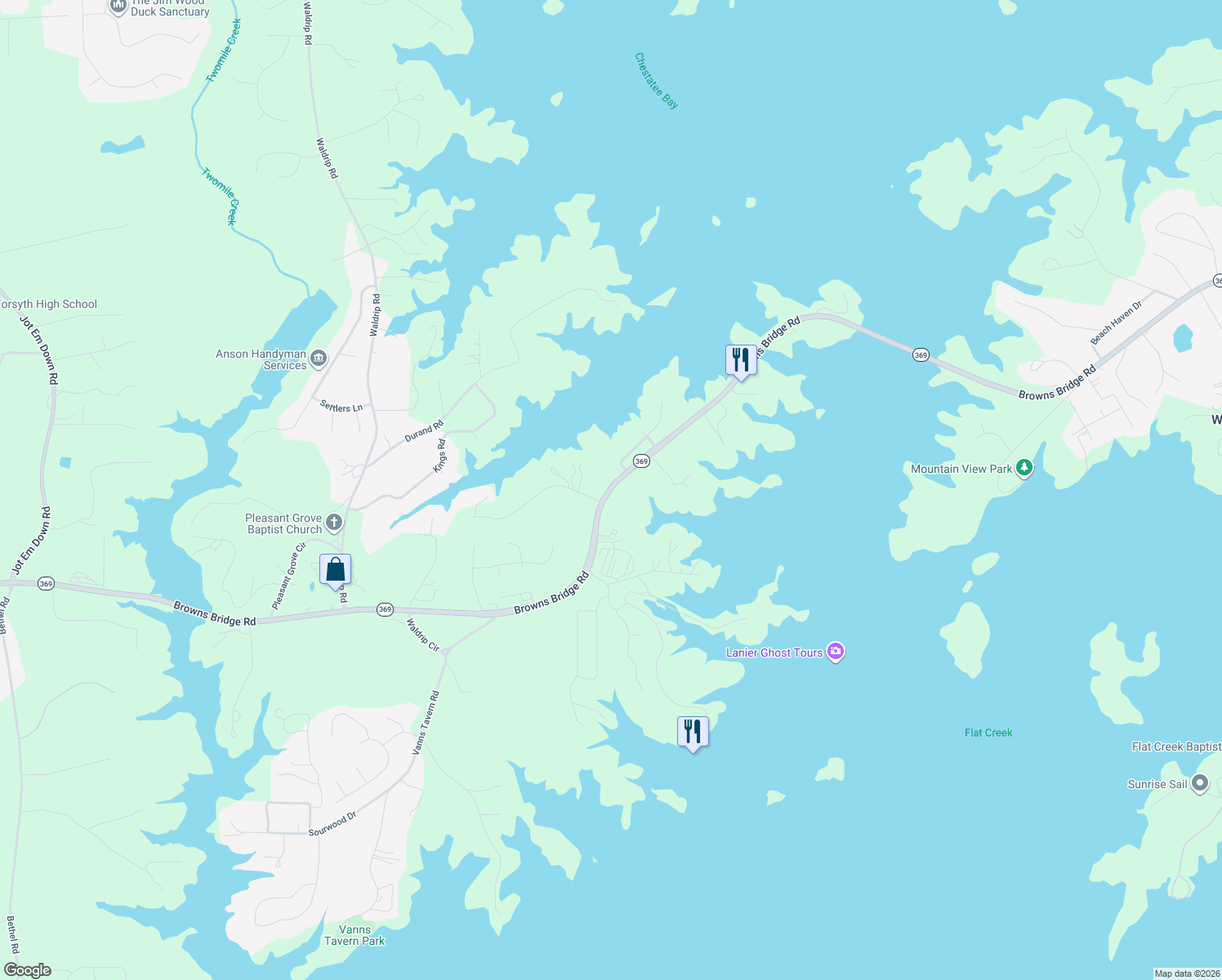 map of restaurants, bars, coffee shops, grocery stores, and more near 8920 Browns Bridge Road in Gainesville