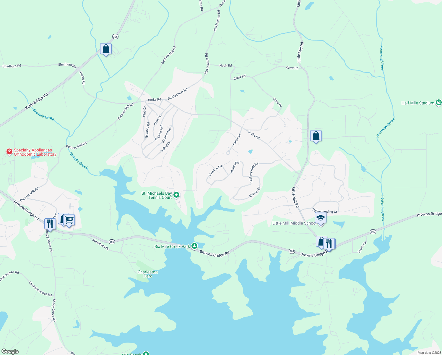 map of restaurants, bars, coffee shops, grocery stores, and more near 6540 Akins Way in Cumming