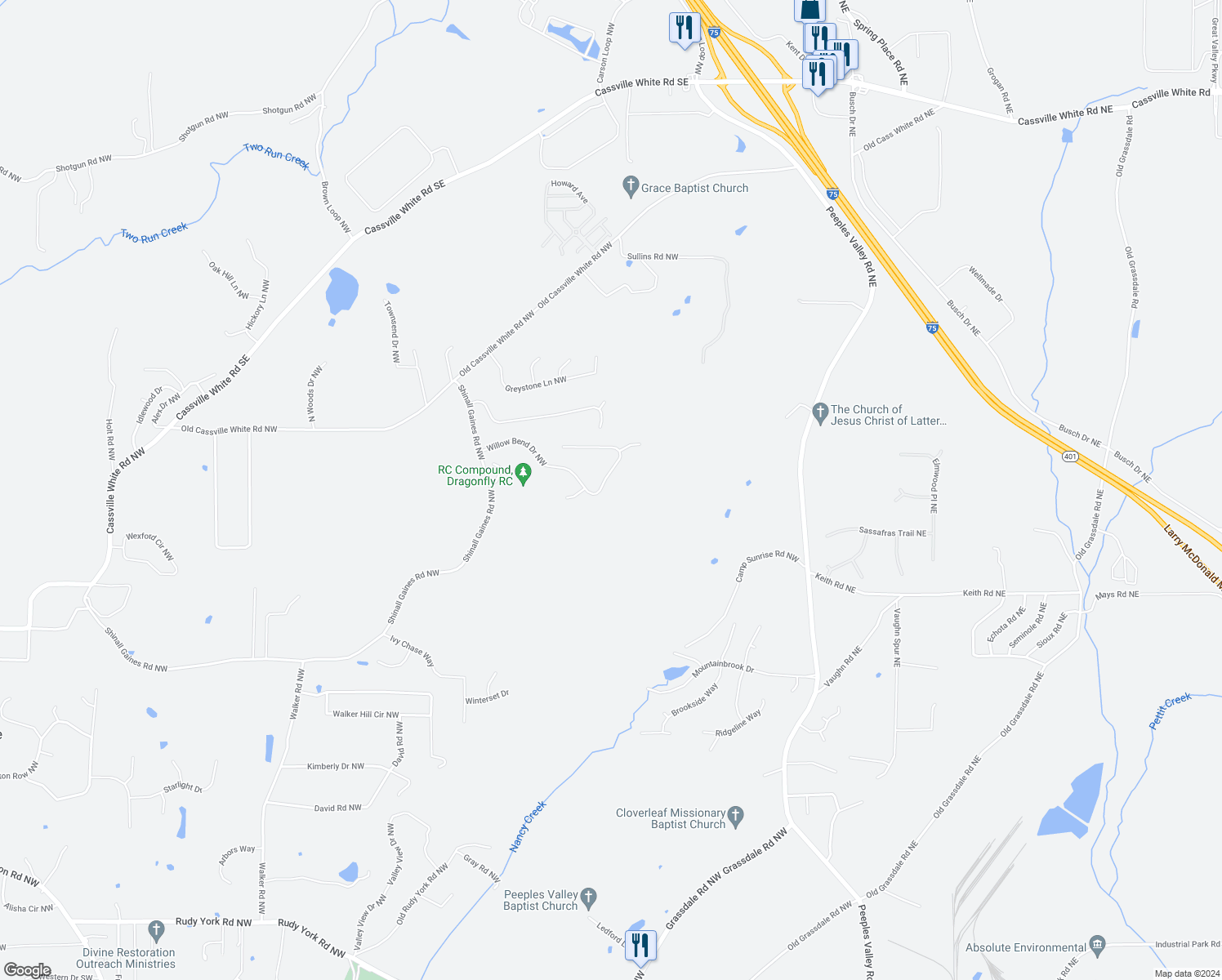 map of restaurants, bars, coffee shops, grocery stores, and more near 50 Willow Bend Drive Northwest in Cartersville