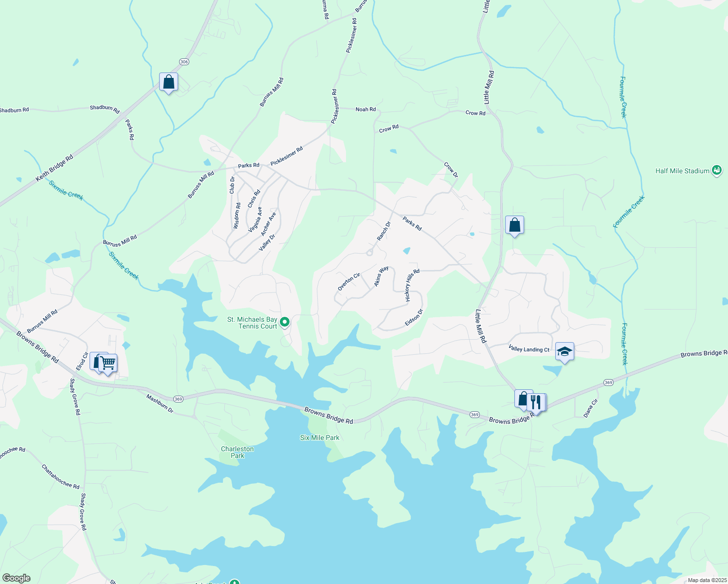map of restaurants, bars, coffee shops, grocery stores, and more near 6510 Akins Way in Cumming