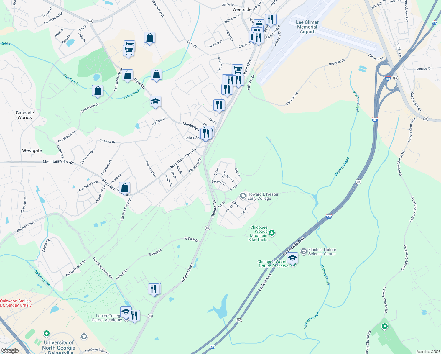 map of restaurants, bars, coffee shops, grocery stores, and more near 5 C Ave in Gainesville