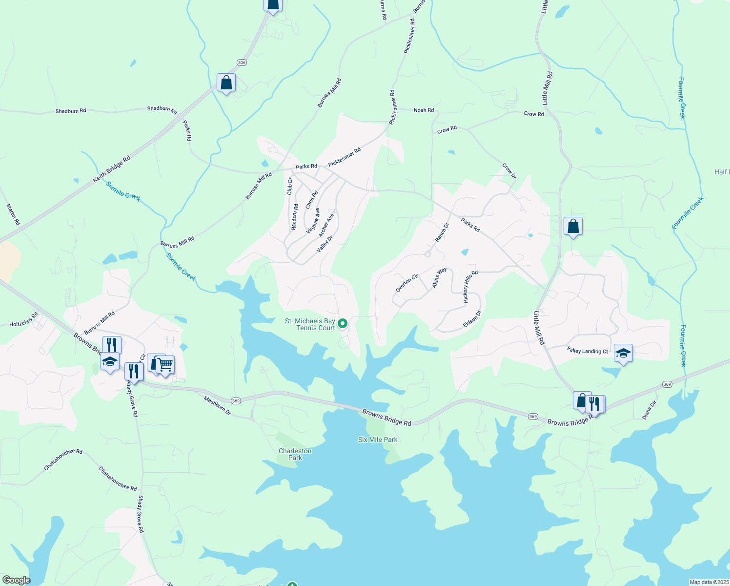 map of restaurants, bars, coffee shops, grocery stores, and more near 5880 Windjammer Point in Cumming