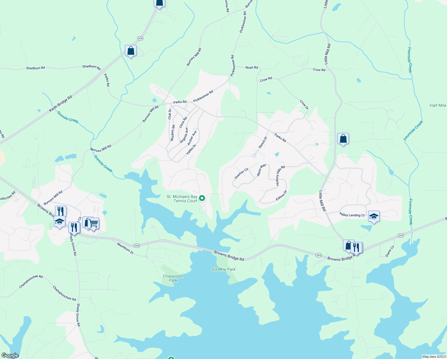 map of restaurants, bars, coffee shops, grocery stores, and more near 5875 Windjammer Point in Cumming