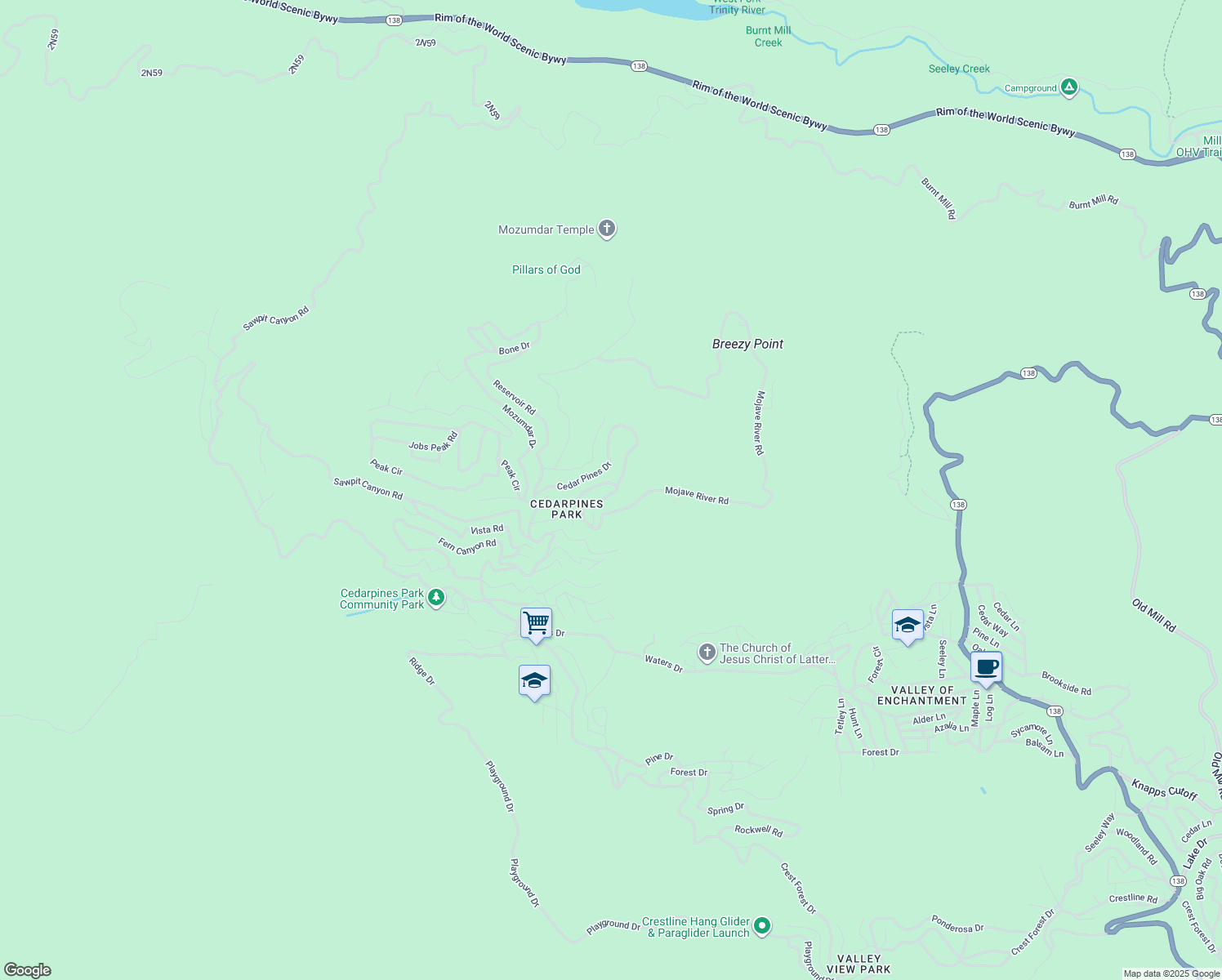 map of restaurants, bars, coffee shops, grocery stores, and more near 22094 Big Oak Road in Crestline