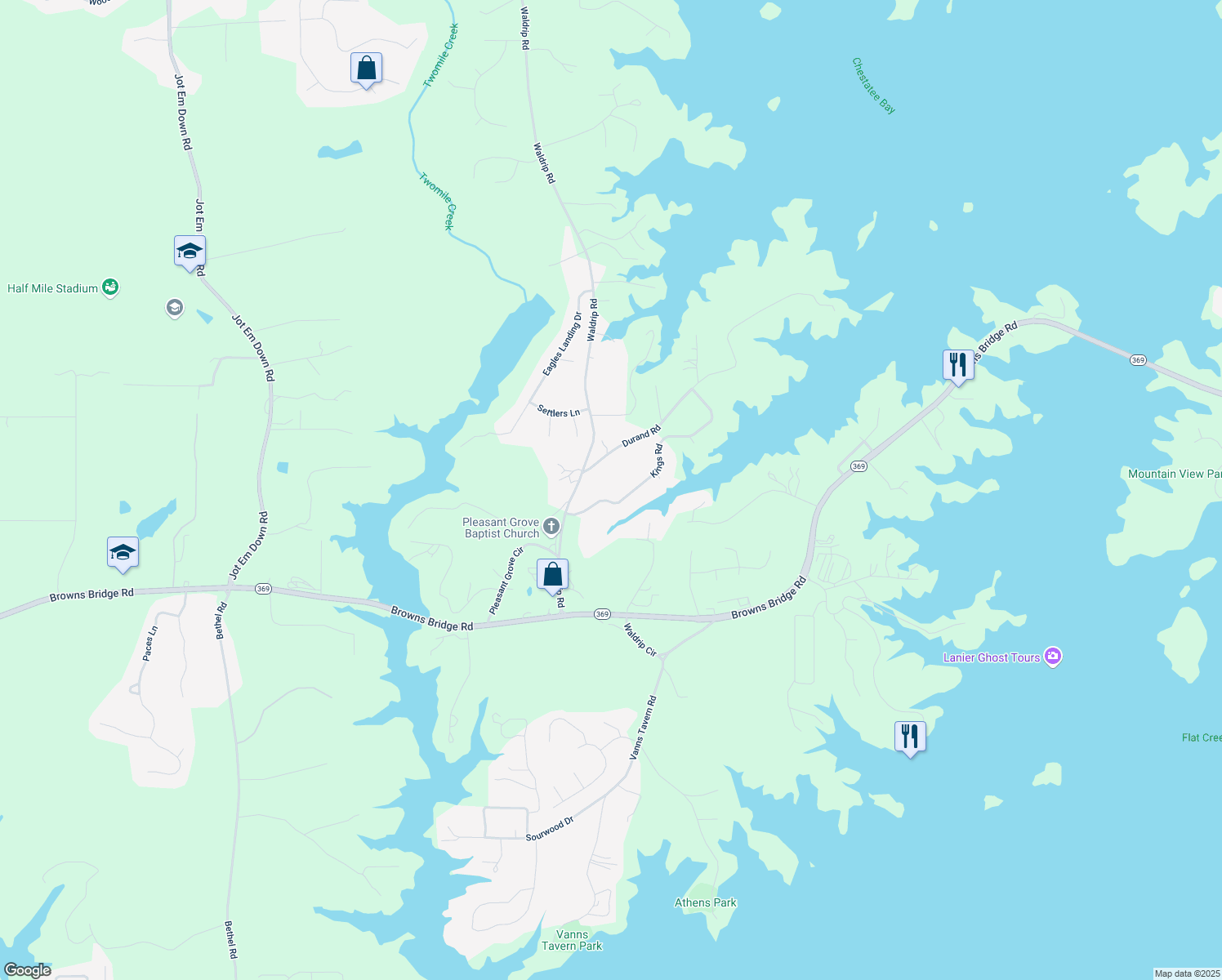 map of restaurants, bars, coffee shops, grocery stores, and more near 9725 Kings Road in Gainesville