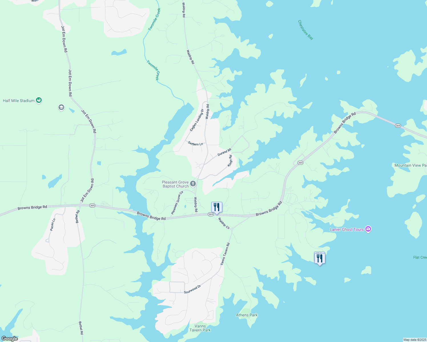 map of restaurants, bars, coffee shops, grocery stores, and more near 9725 Kings Road in Gainesville